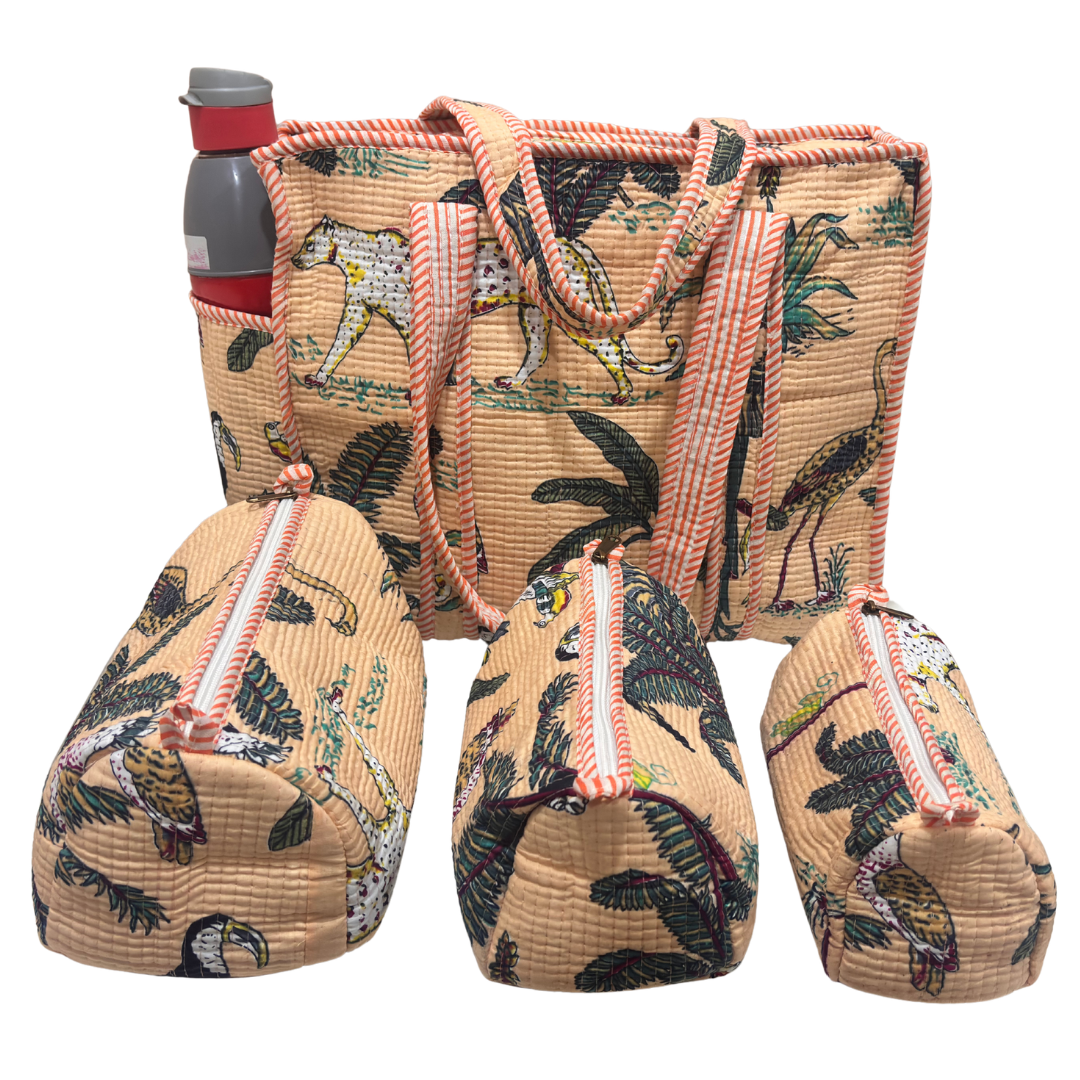 RajPadmini 4-in-1 Super Mom's Edition COMBO : Premium Quilted Tote Bag + 3 Waterproof Pouches = Your Complete Organization Solution!