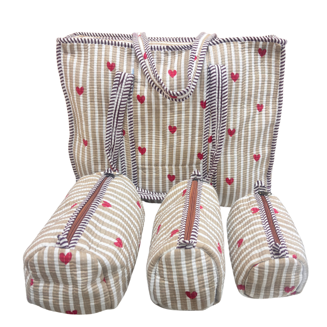 4-in-1 Festive Gifting COMBO : Premium Quilted Tote Bag + 3 Waterproof Pouches = Your Complete Organization Solution!