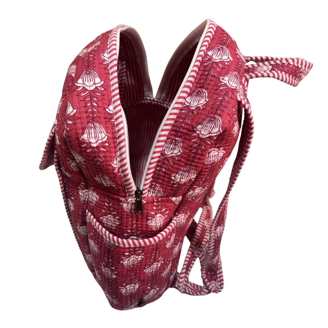 Pink quilted floral backpack styled — Pinterest aesthetic by RajPadmini Jaipur