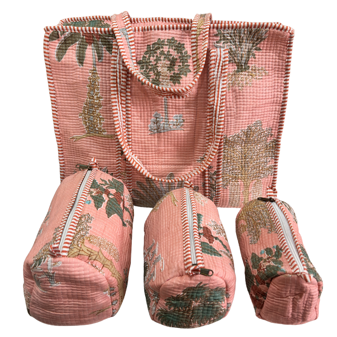 4-in-1 Festive Gifting COMBO : Premium Quilted Tote Bag + 3 Waterproof Pouches = Your Complete Organization Solution!