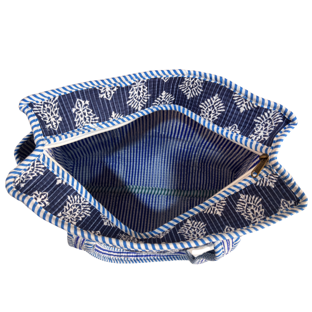 Blue quilted cotton tote styled for daily wear — RajPadmini Jaipur
