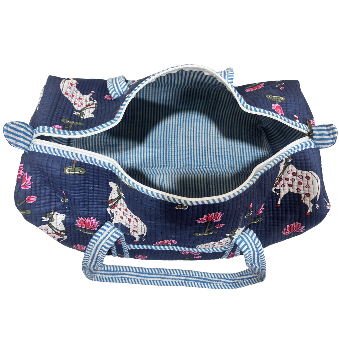 Pushkar Balloon Quilted Heritage Duffle (Blue variant) — 18 x 16 x 10 inches, handcrafted in Jaipur, India