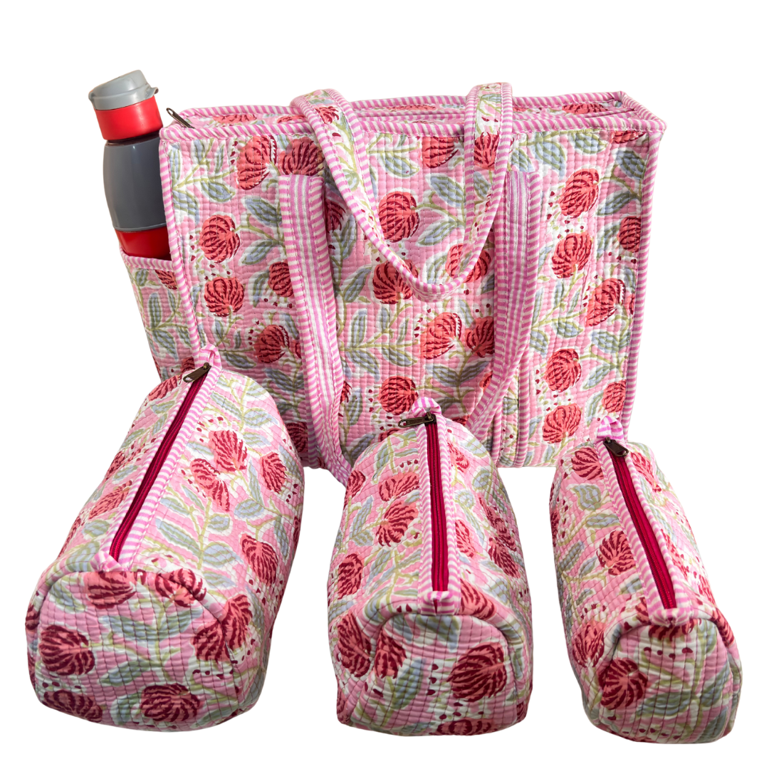 RajPadmini 4-in-1 Festive Gifting COMBO : Premium Quilted Tote Bag + 3 Waterproof Pouches = Your Complete Organization Solution!
