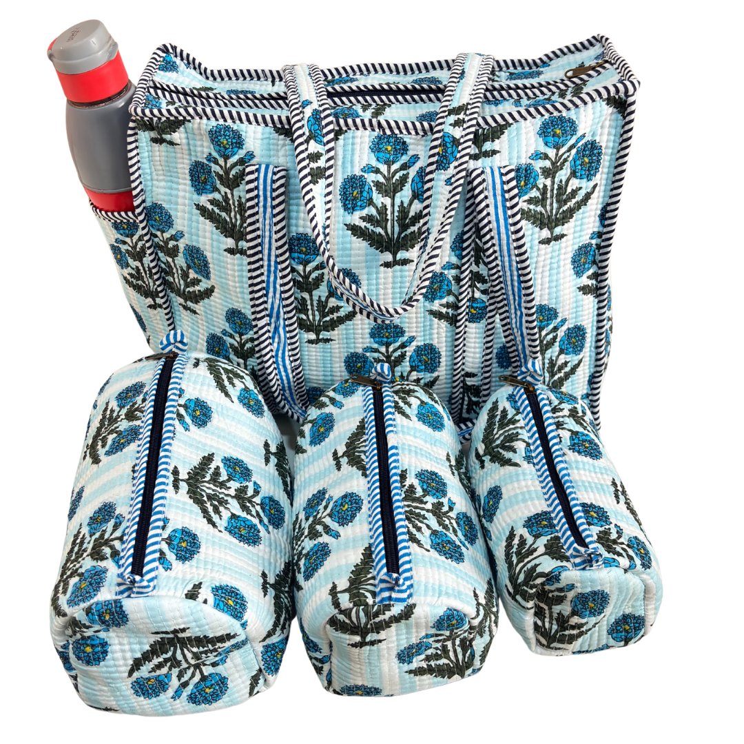 RajPadmini 4-in-1 Festive Gifting COMBO : Premium Quilted Tote Bag + 3 Waterproof Pouches = Your Complete Organization Solution!