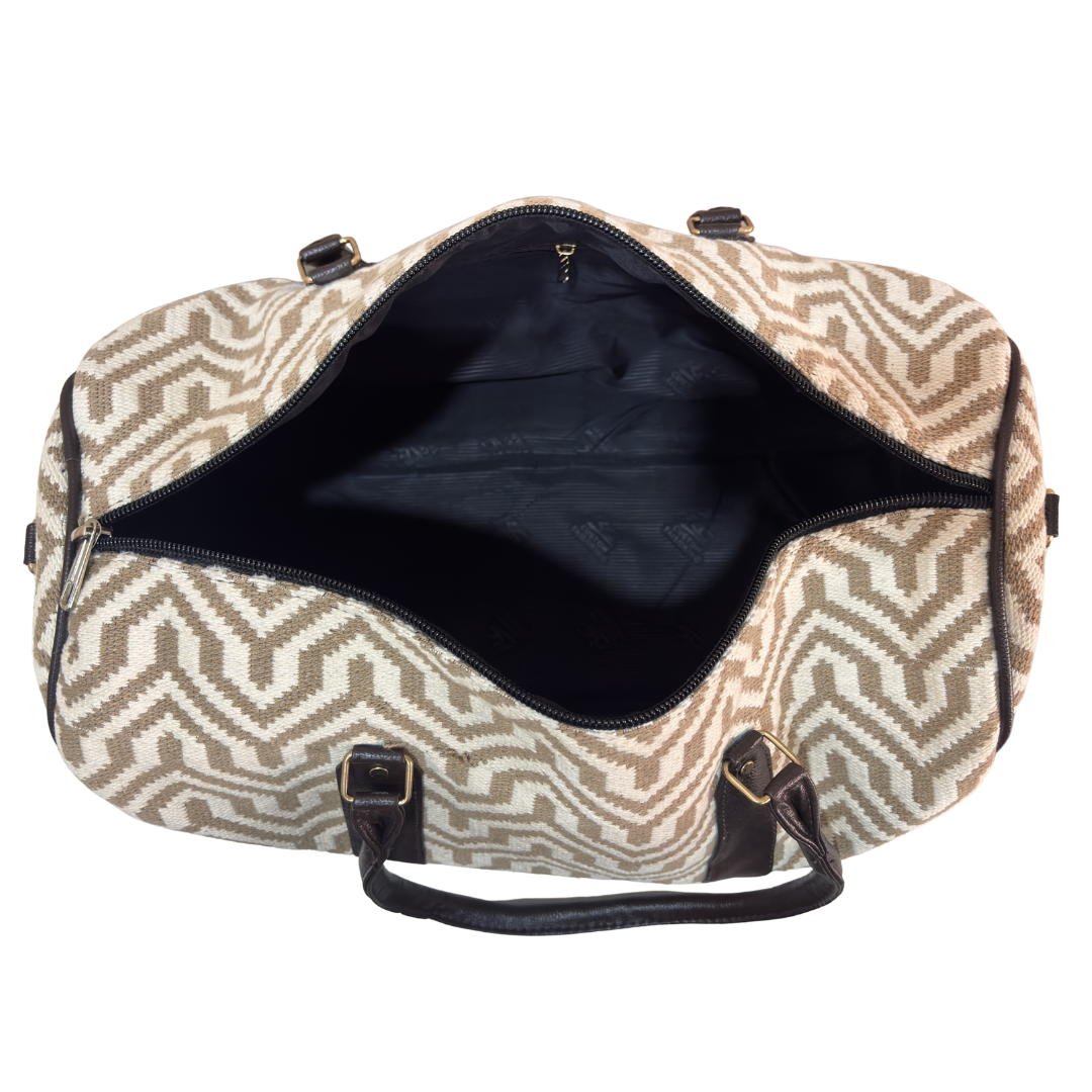 White and beige jacquard duffle bag dimensions — 20 x 13 x 9 inches, cabin-friendly size