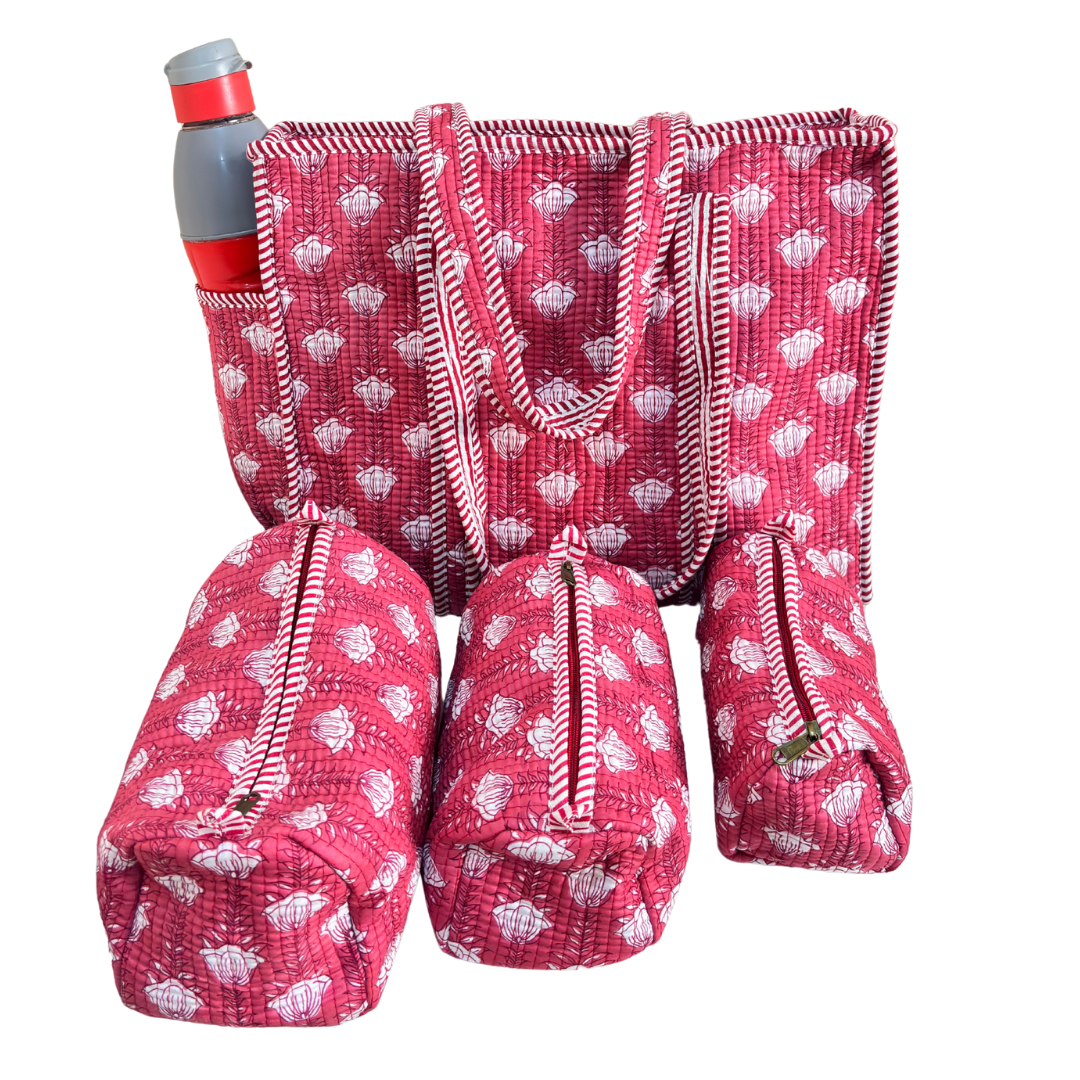 RajPadmini 4-in-1 Festive Gifting COMBO : Premium Quilted Tote Bag + 3 Waterproof Pouches = Your Complete Organization Solution!