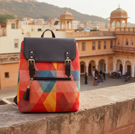 Geometric Sunset Heritage Backpack - Desert Kaleidoscope Collection | Hand-Woven Tribal Pattern