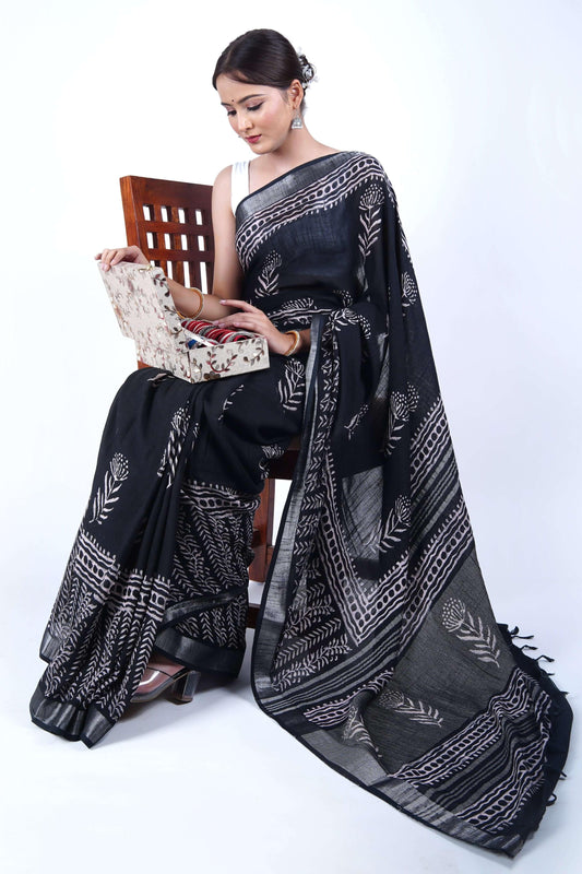 Hand Block Printed Black Cotton Slub Linen Saree