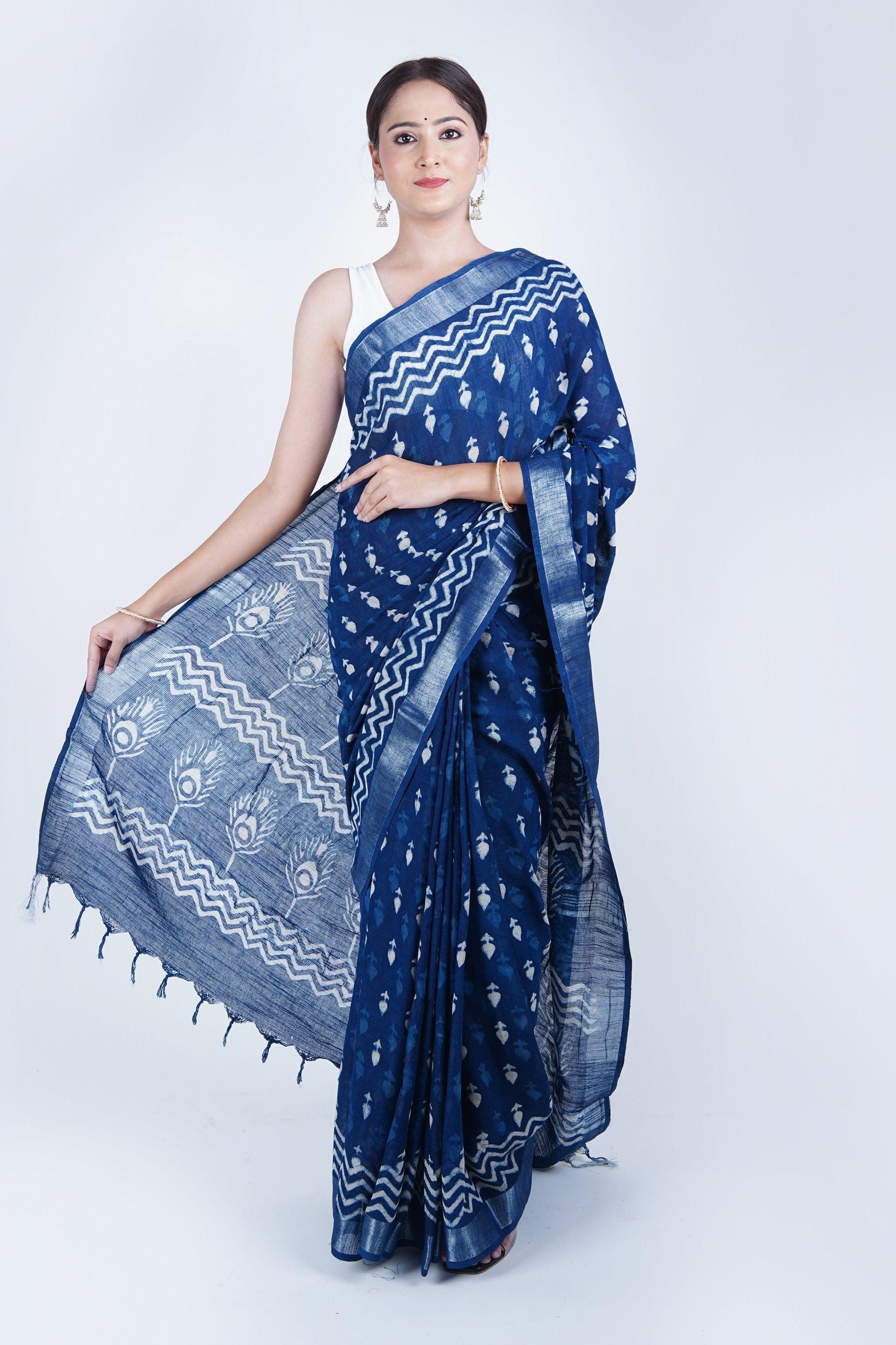 Hand Block Printed Blue Cotton Slub Linen Saree