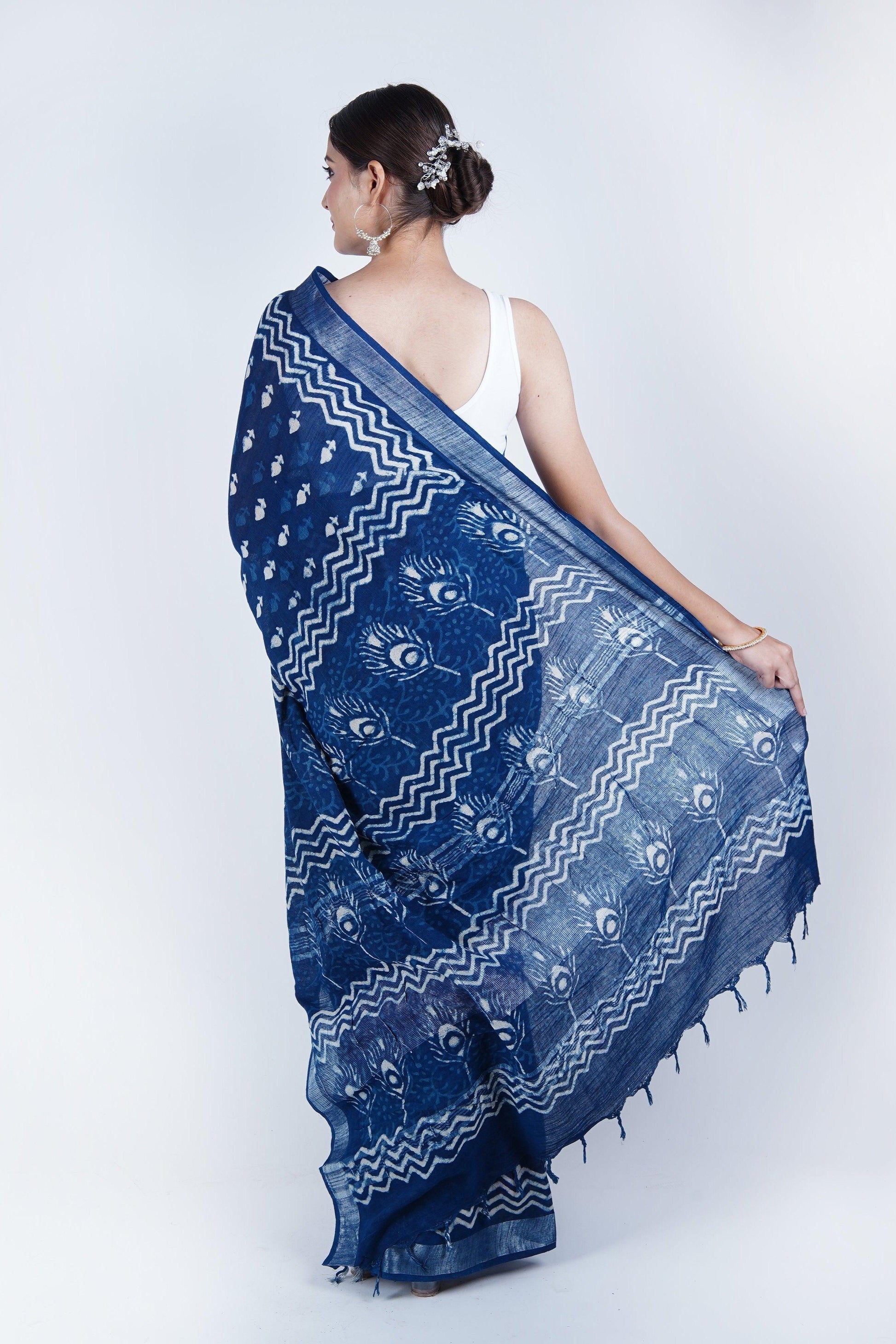 Hand Block Printed Blue Cotton Slub Linen Saree