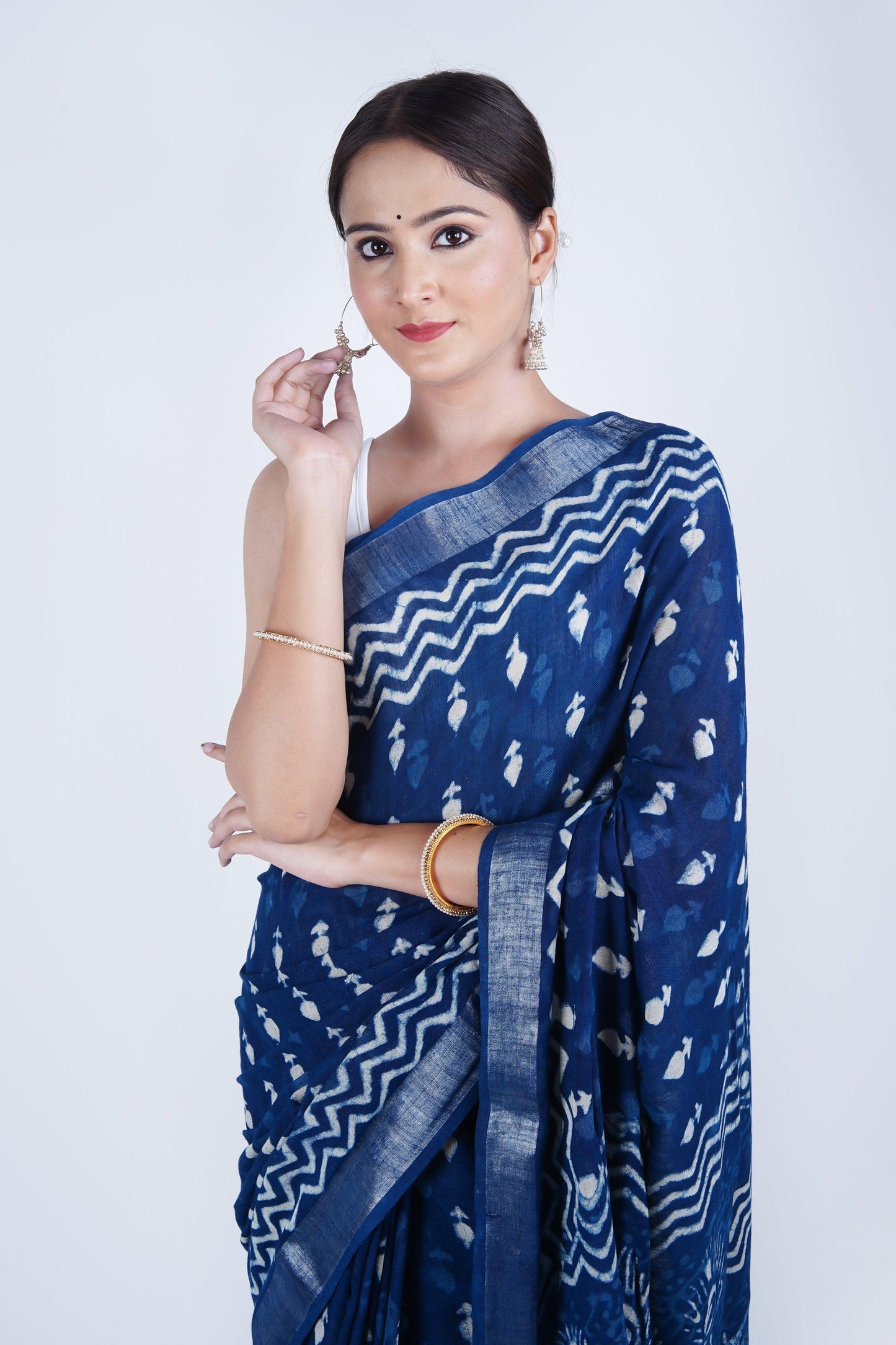 Hand Block Printed Blue Cotton Slub Linen Saree