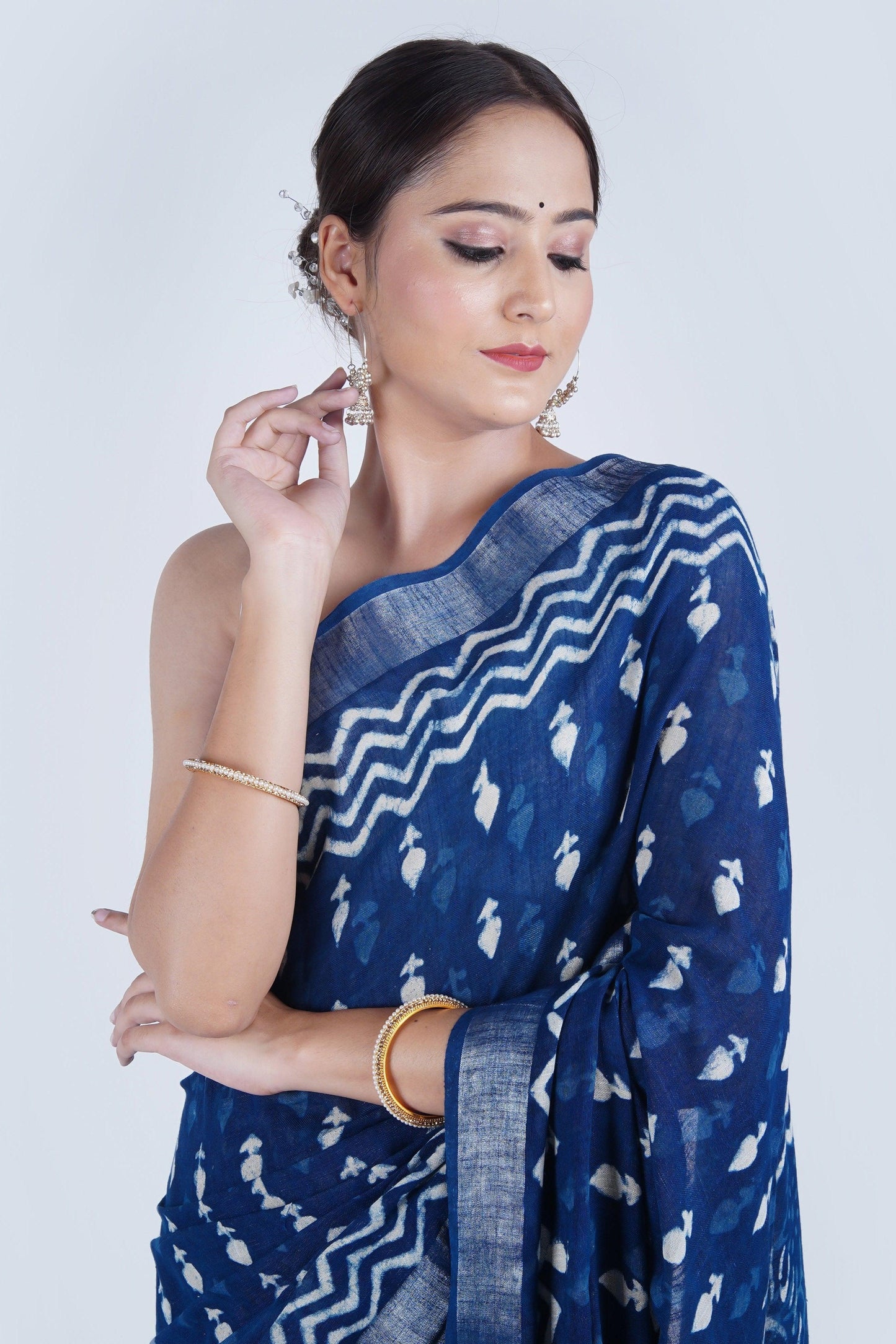 Hand Block Printed Blue Cotton Slub Linen Saree