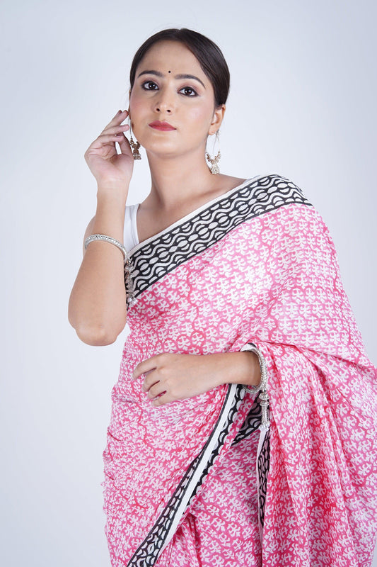 Hand Block Printed Pure Mulmul Cotton Pink Saree