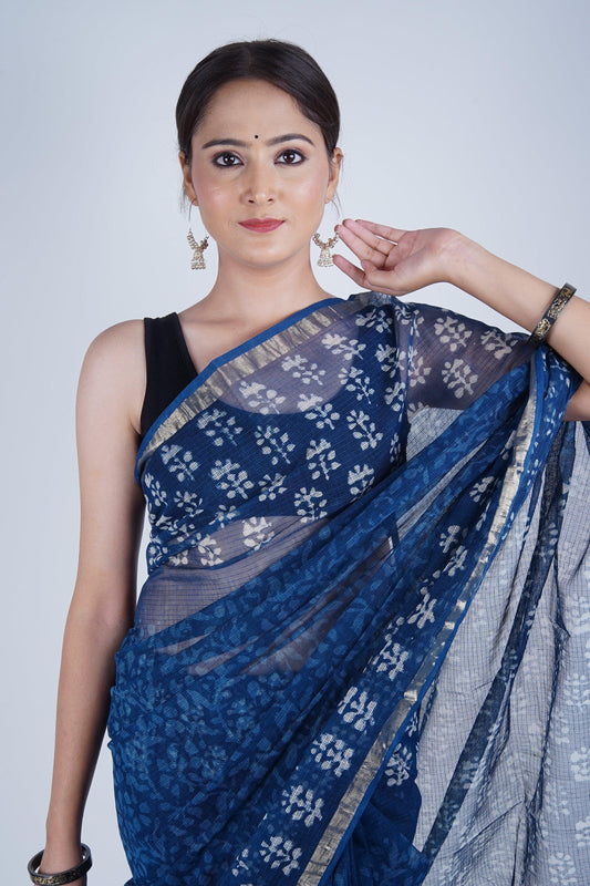 Printed Blue Kota Doriya Saree