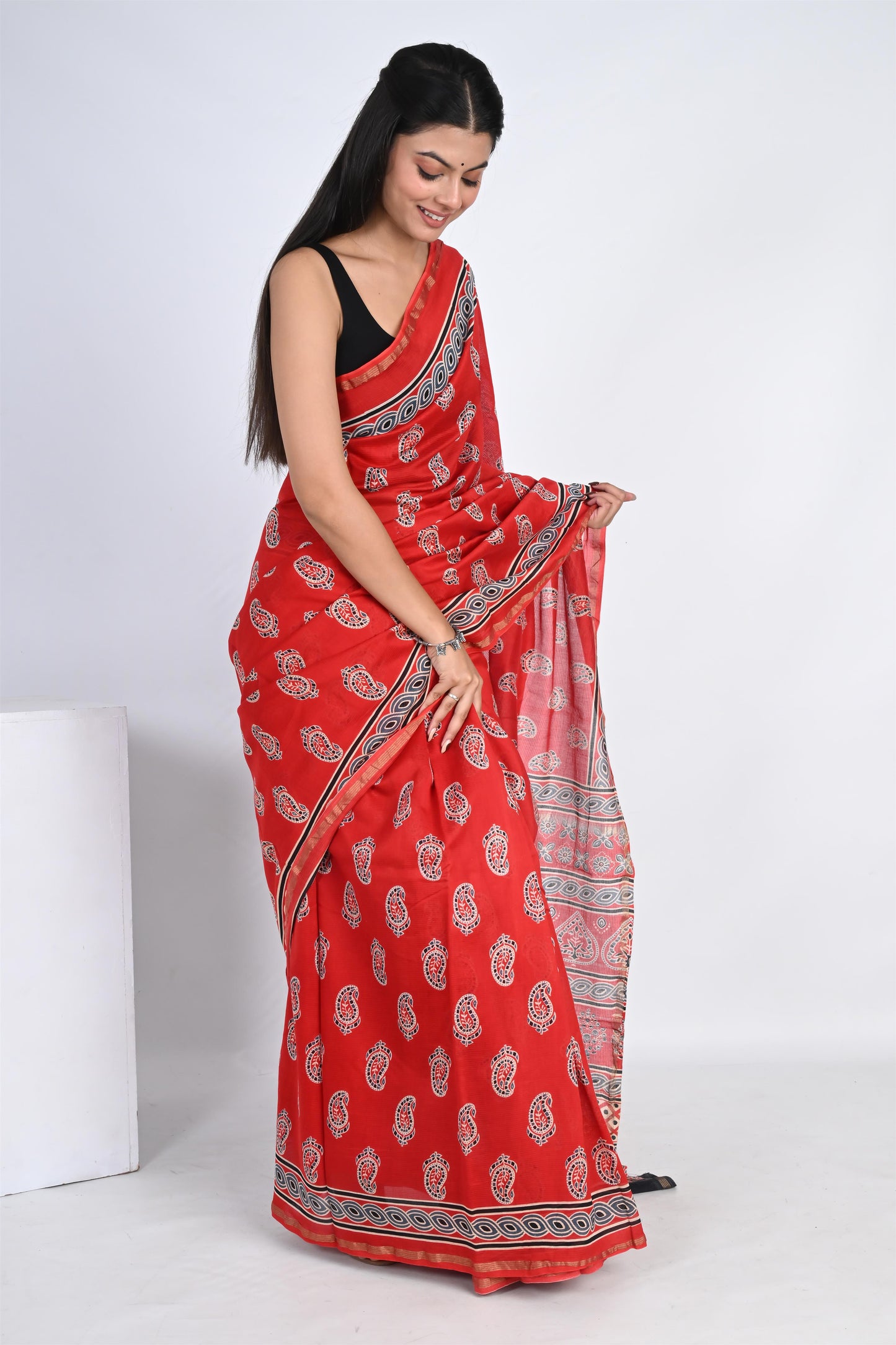 Hand Block Printed Blushing Red Chanderi Silk Saree