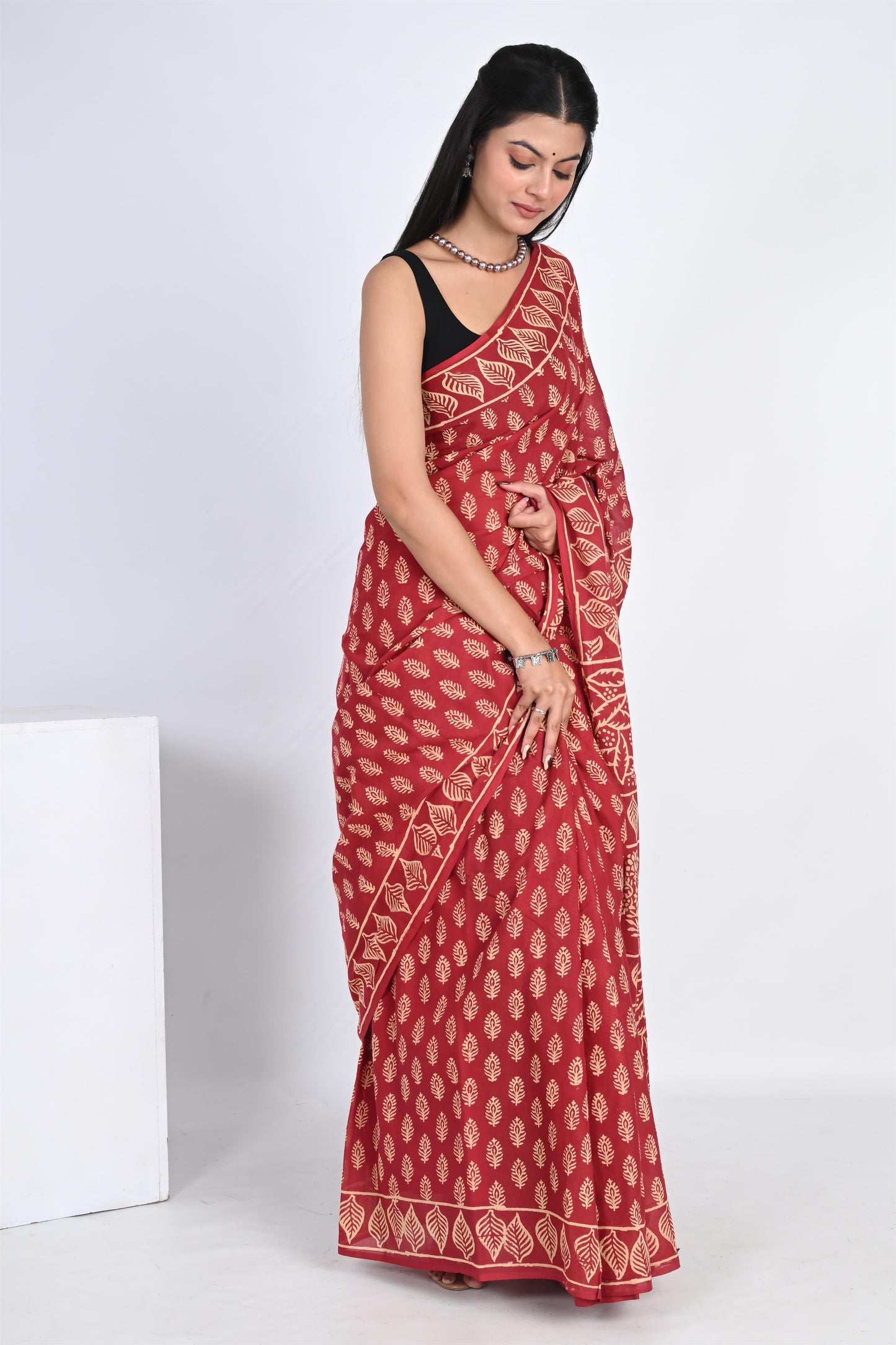 Cherry Red Handblock Printed Pure Cotton Tassel Saree