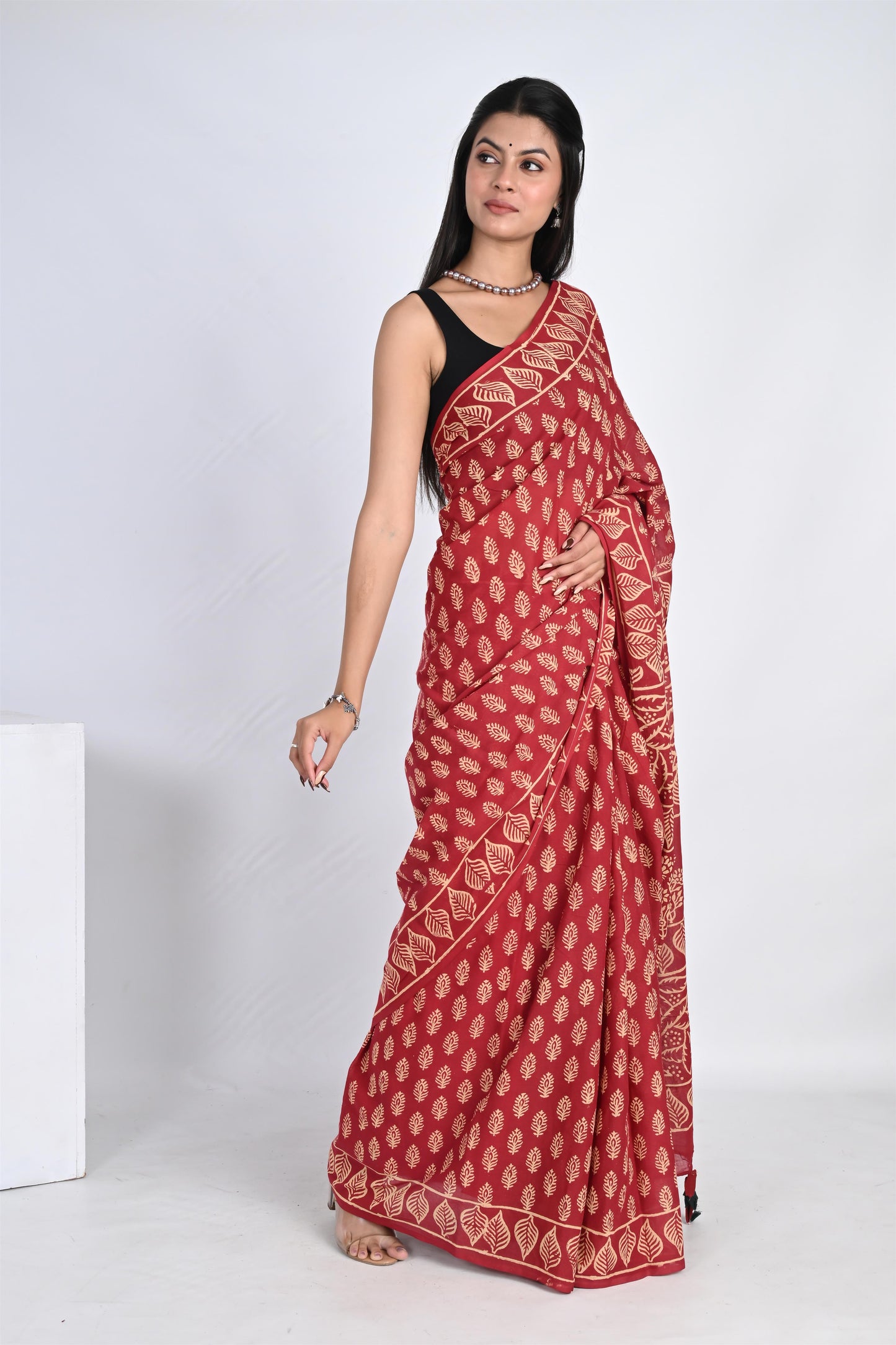 Cherry Red Handblock Printed Pure Cotton Tassel Saree