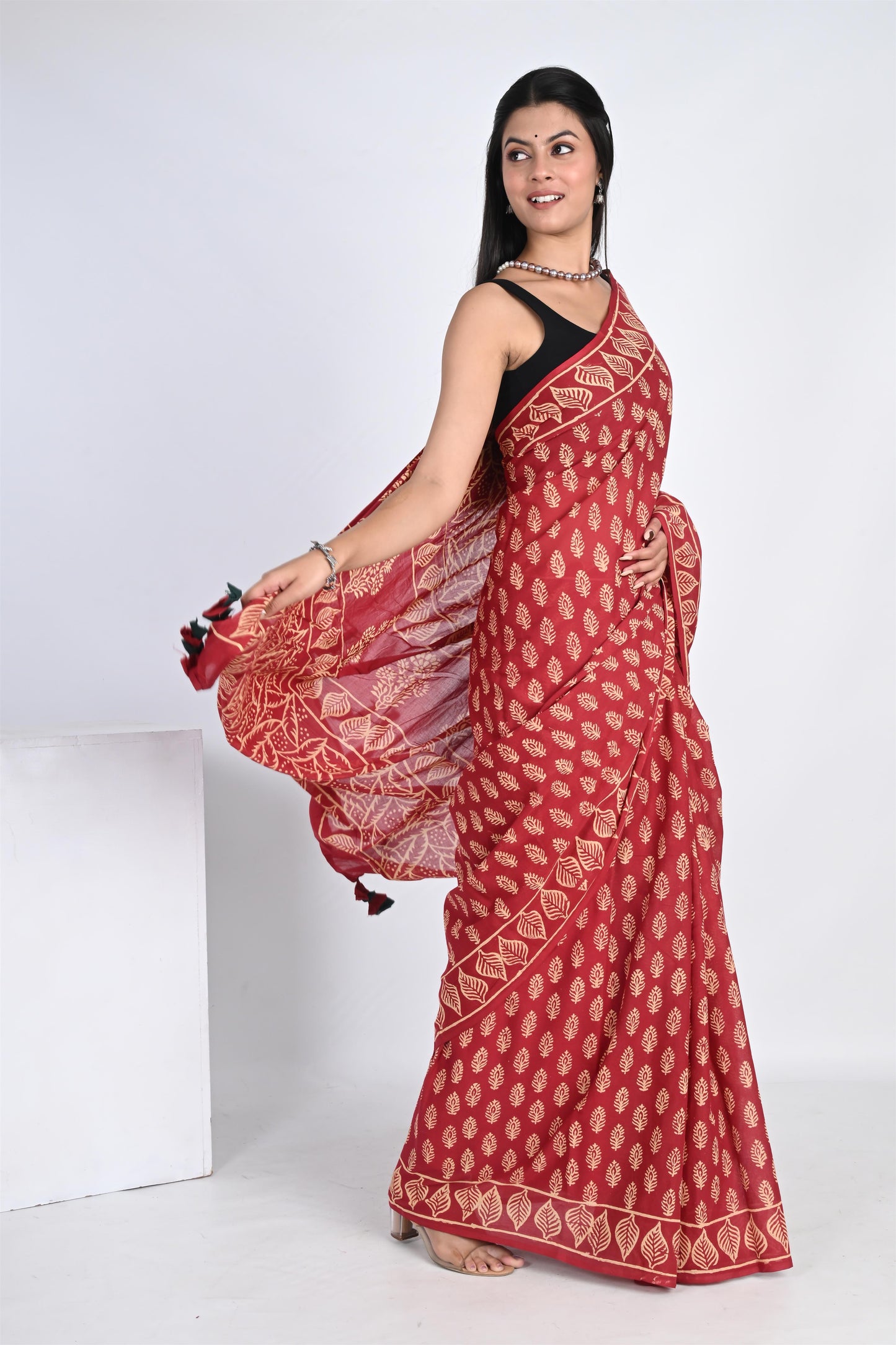 Cherry Red Handblock Printed Pure Cotton Tassel Saree