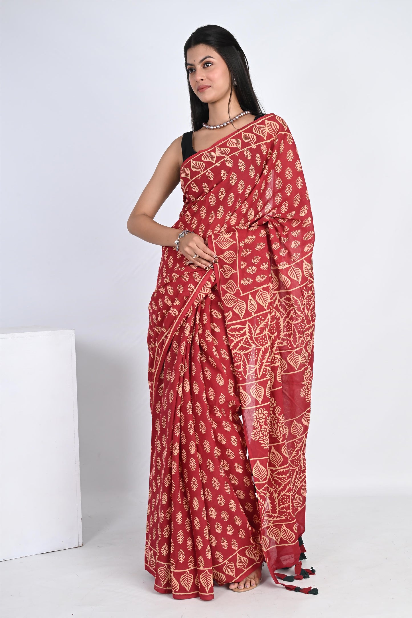 Cherry Red Handblock Printed Pure Cotton Tassel Saree