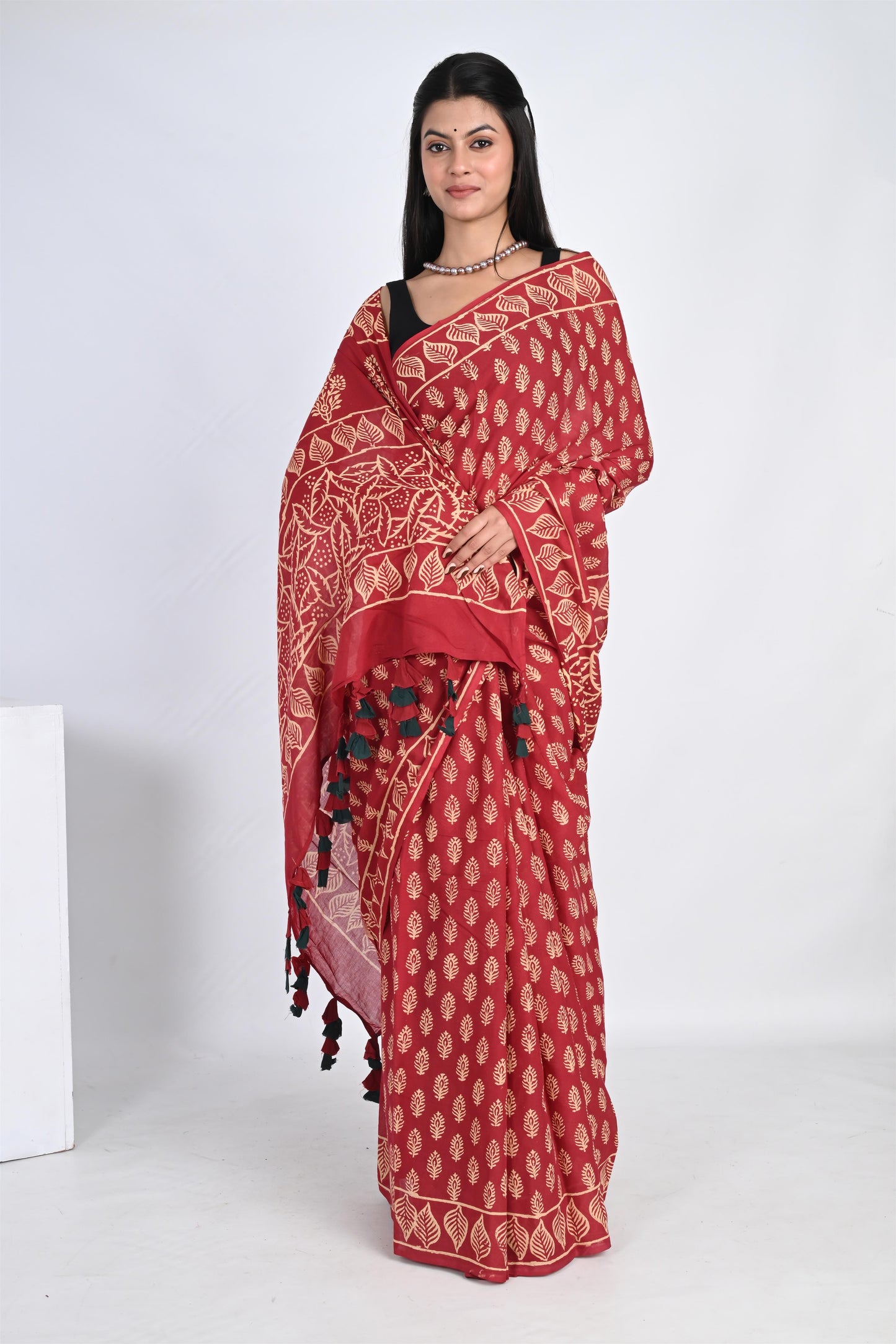 Cherry Red Handblock Printed Pure Cotton Tassel Saree