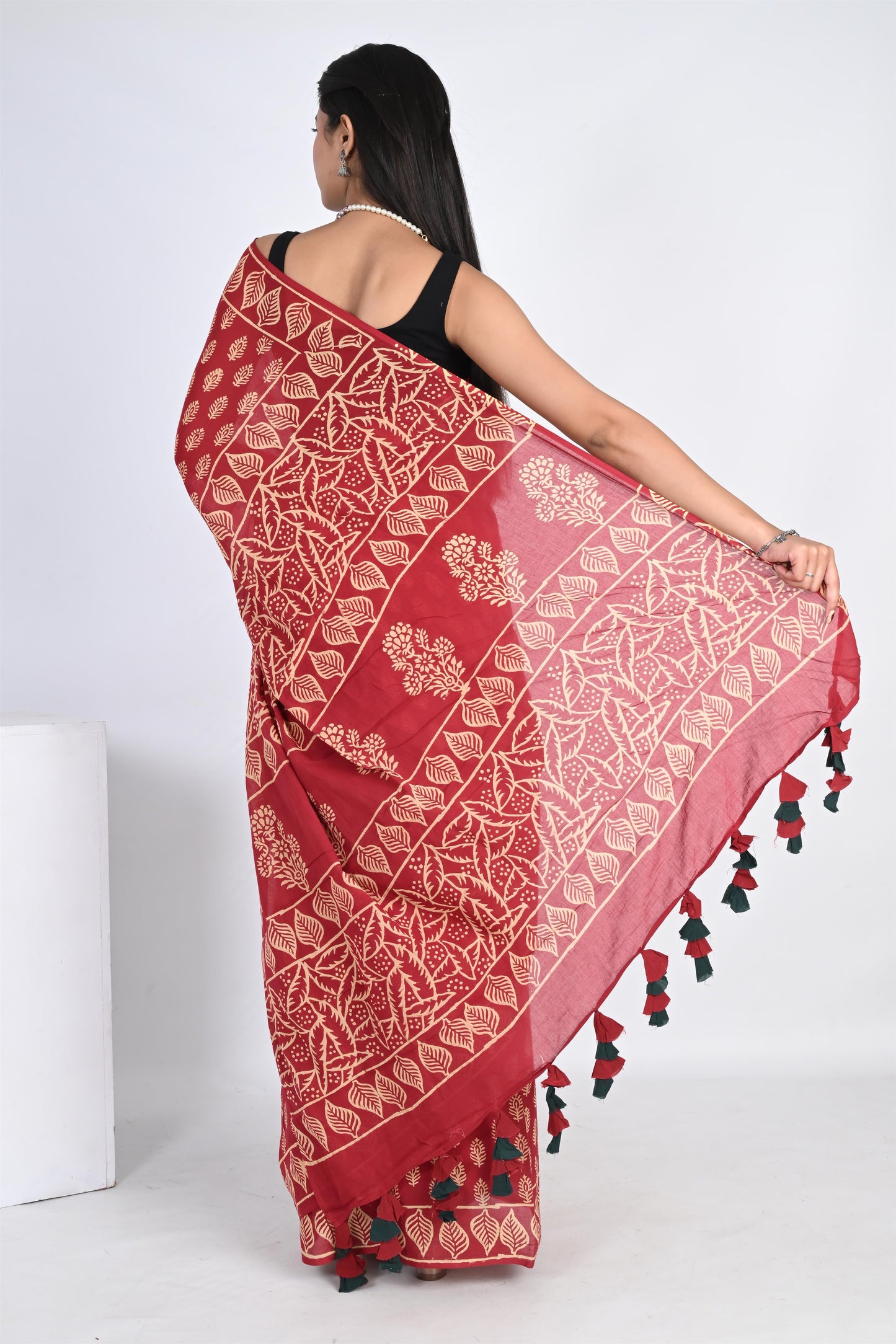 Cherry Red Handblock Printed Pure Cotton Tassel Saree