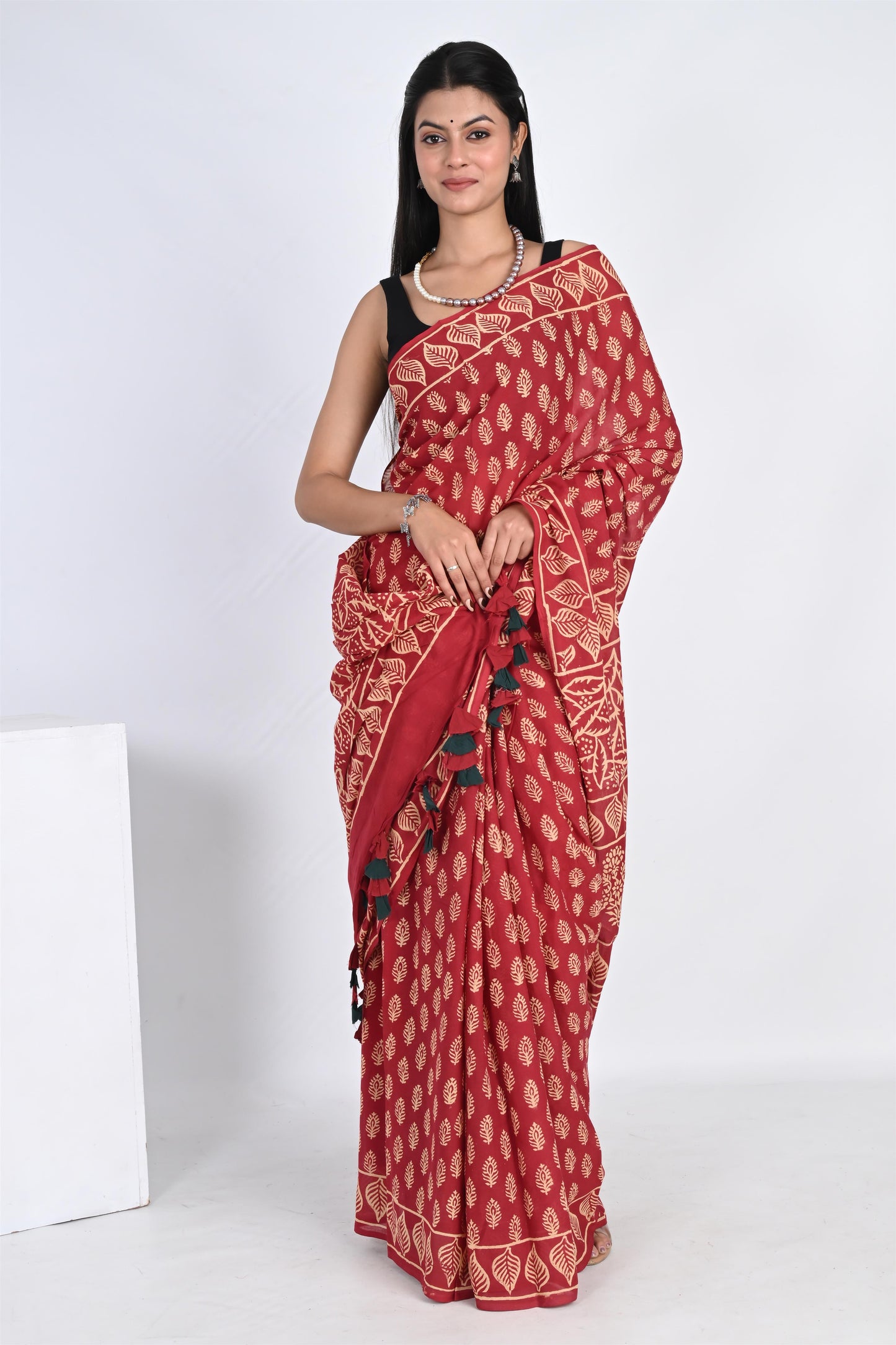 Cherry Red Handblock Printed Pure Cotton Tassel Saree