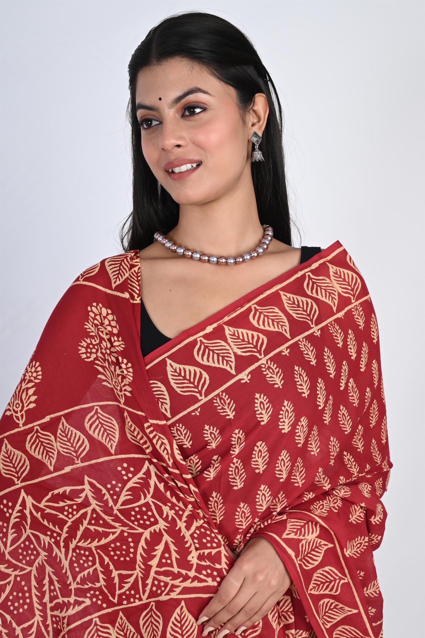 Cherry Red Handblock Printed Pure Cotton Tassel Saree