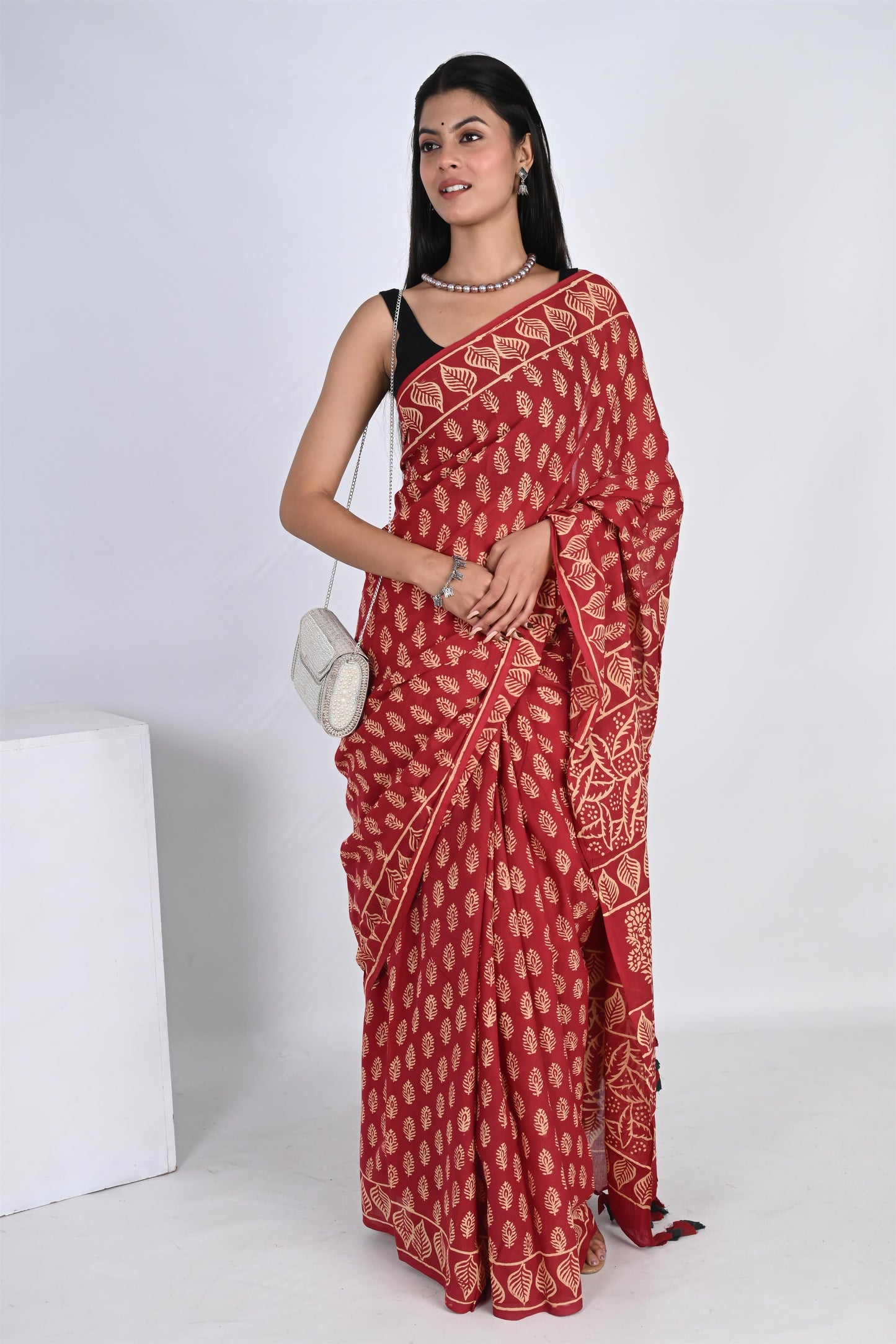 Cherry Red Handblock Printed Pure Cotton Tassel Saree