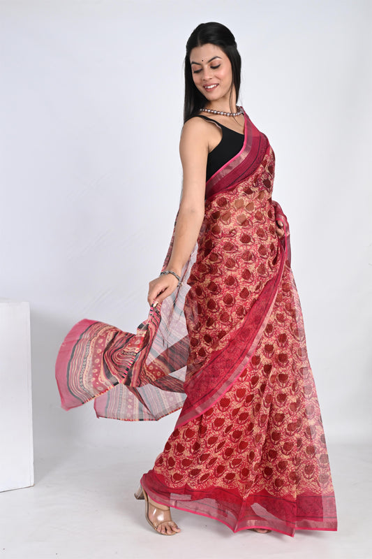 Pinkish Red Hand Block Printed Kota Doria Saree