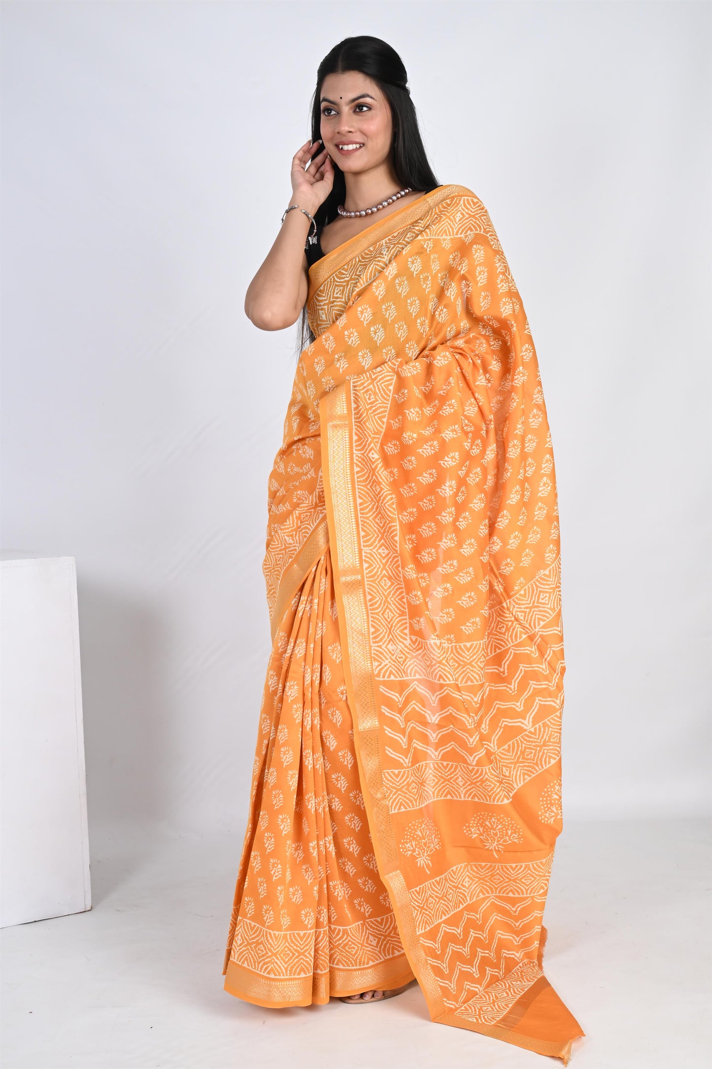 The Haldi Harmony - Hand Block Printed Golden Yellow Maheshwari Silk Saree