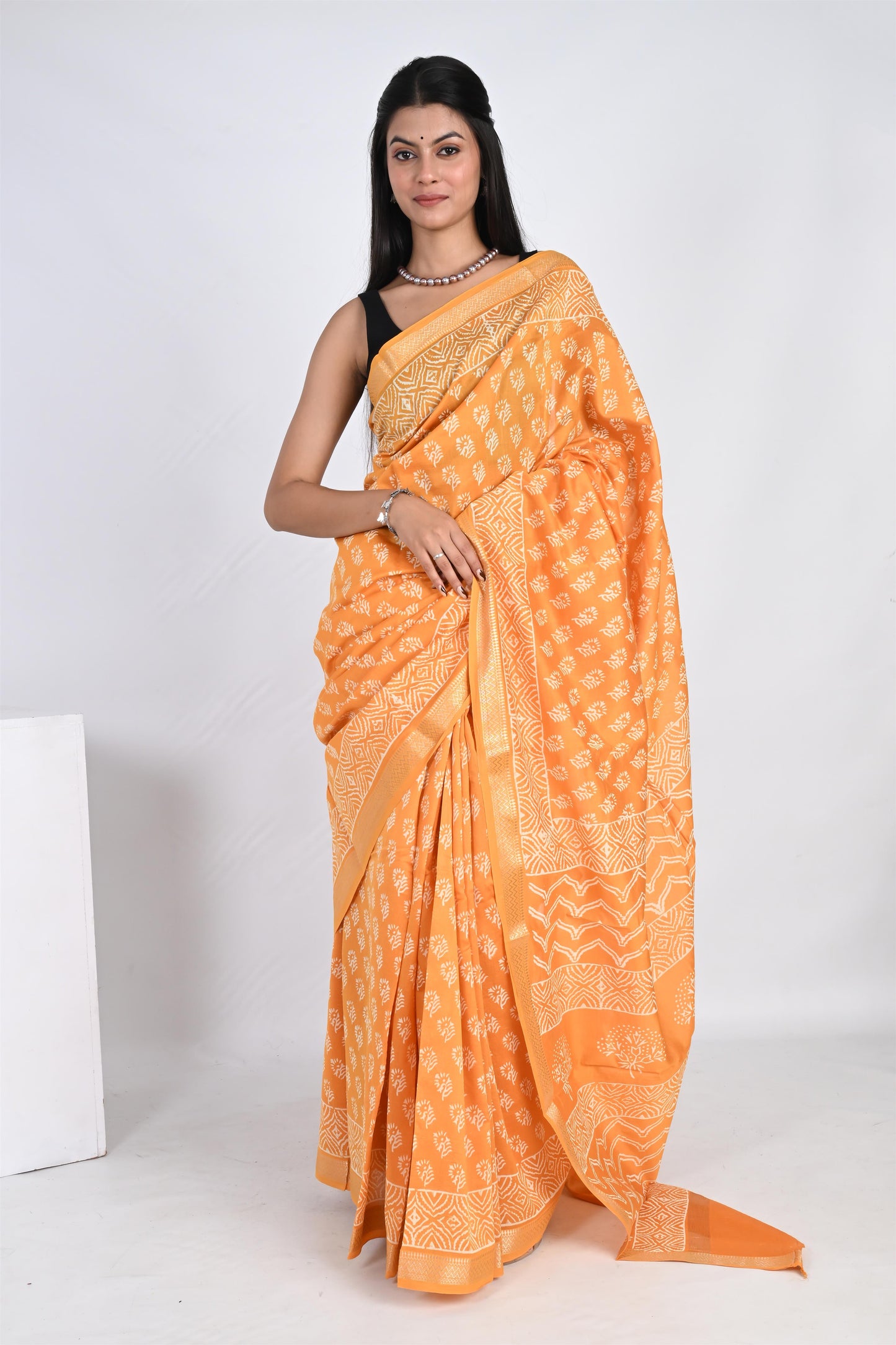 The Haldi Harmony - Hand Block Printed Golden Yellow Maheshwari Silk Saree