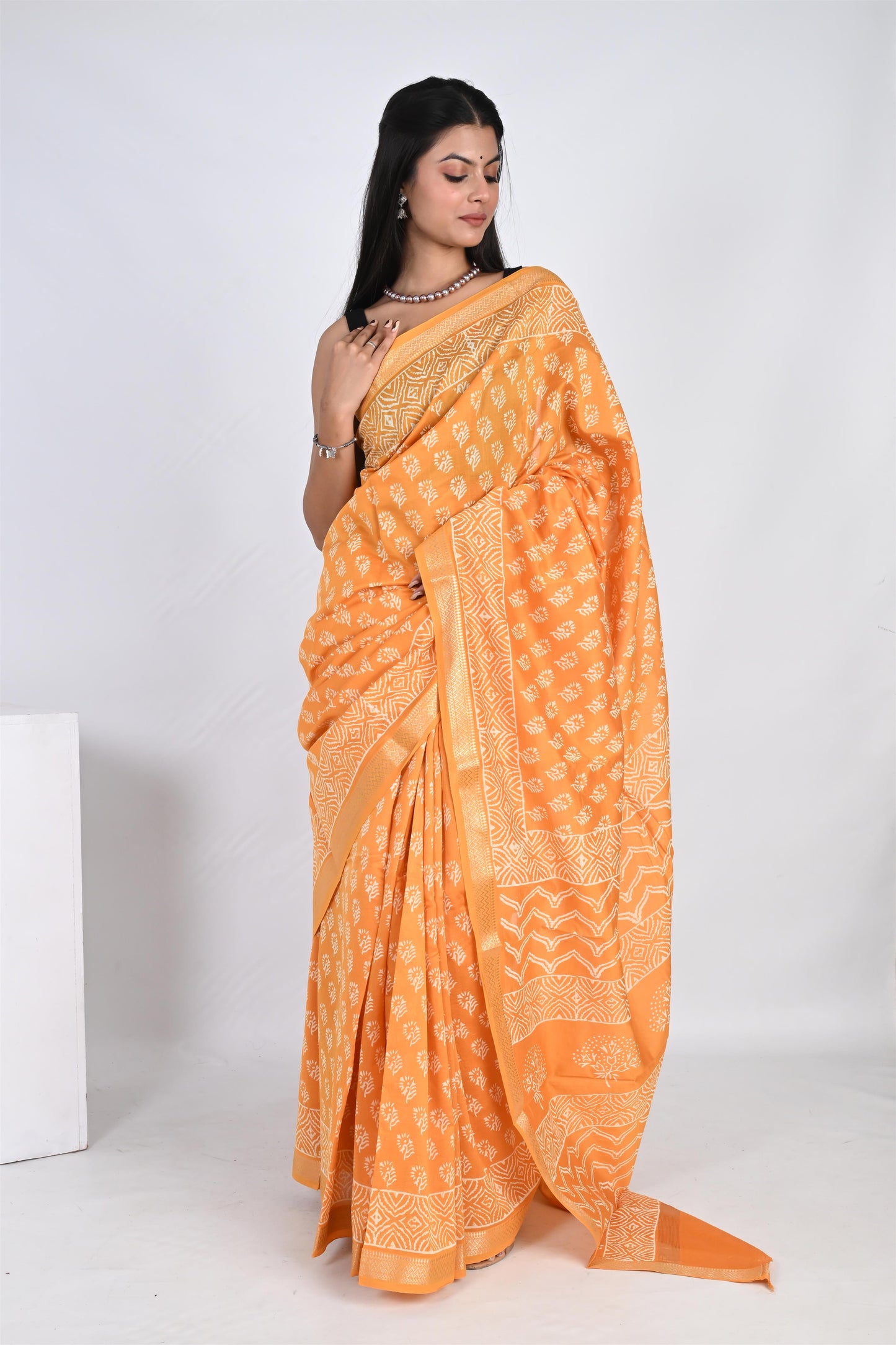 The Haldi Harmony - Hand Block Printed Golden Yellow Maheshwari Silk Saree