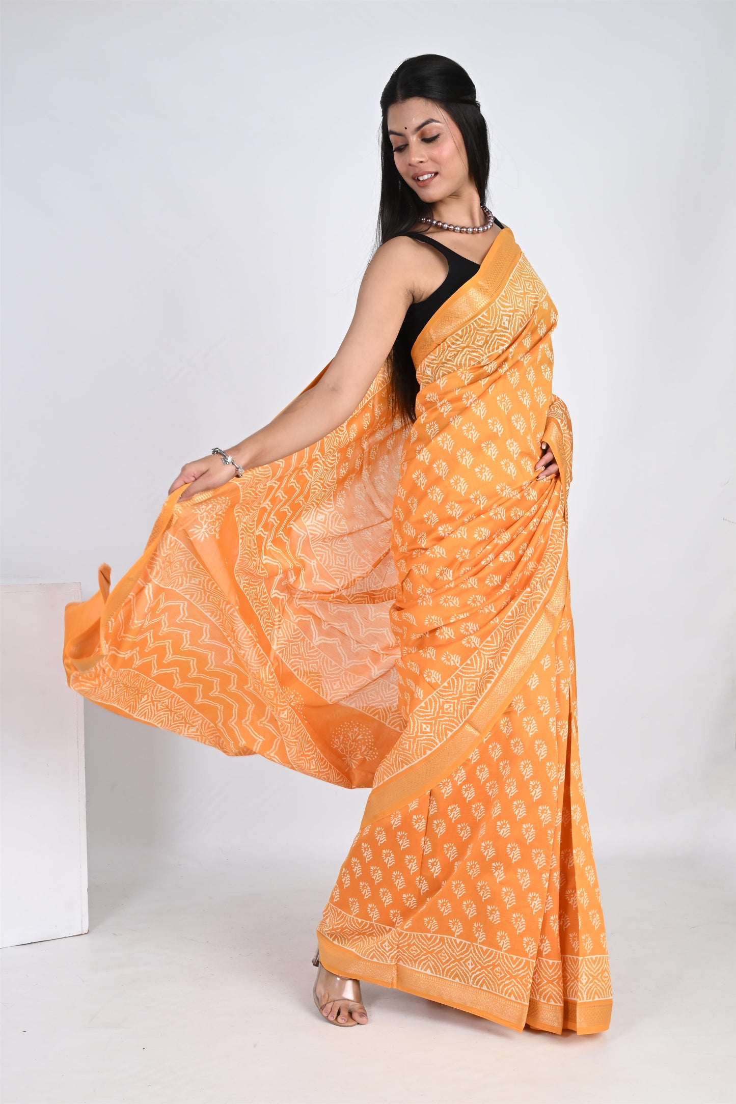 The Haldi Harmony - Hand Block Printed Golden Yellow Maheshwari Silk Saree