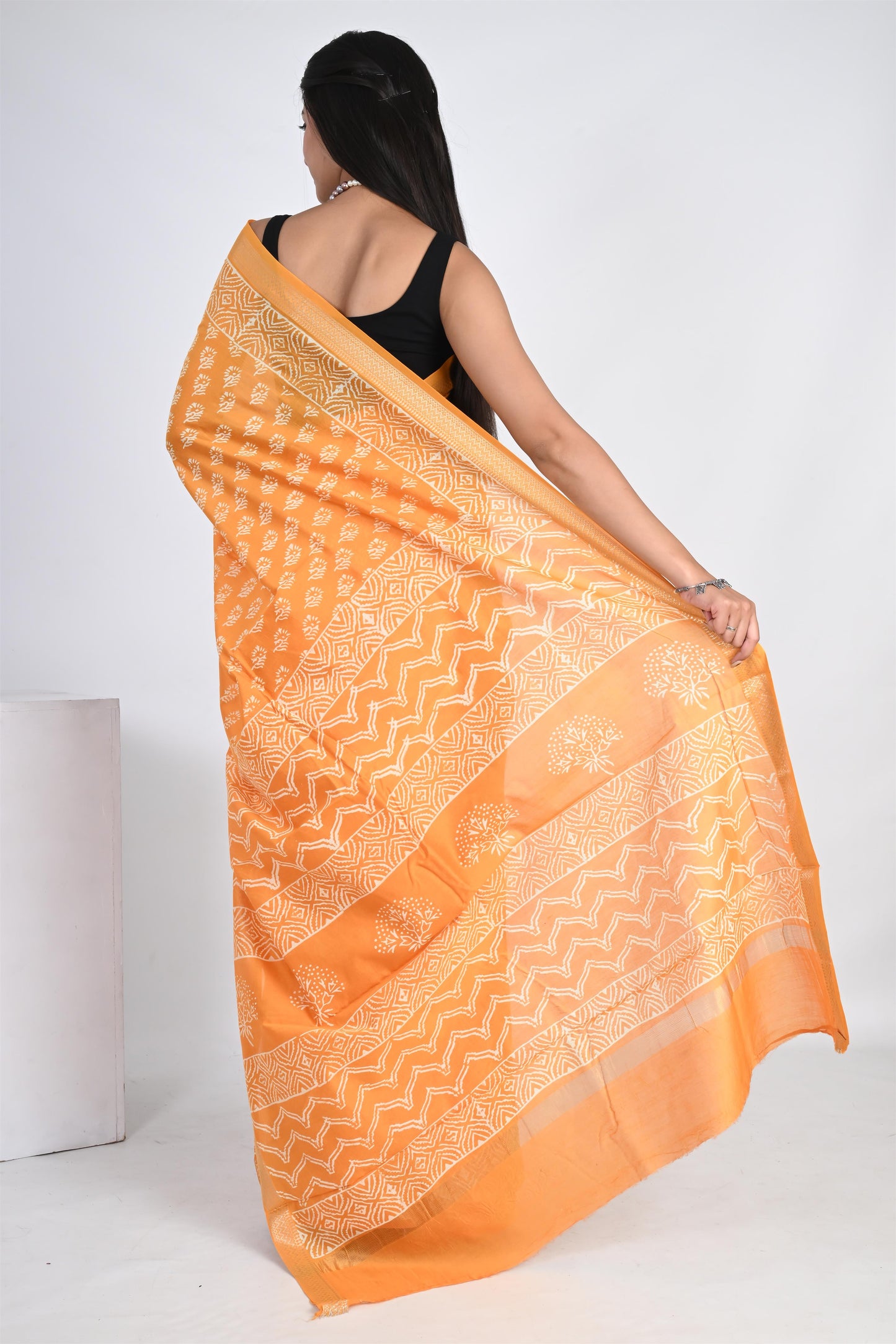 The Haldi Harmony - Hand Block Printed Golden Yellow Maheshwari Silk Saree