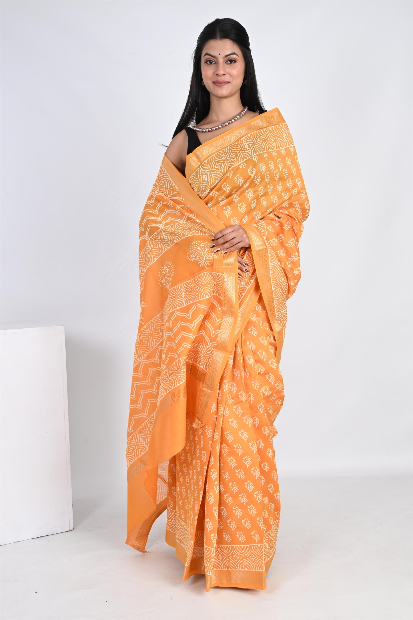 The Haldi Harmony - Hand Block Printed Golden Yellow Maheshwari Silk Saree