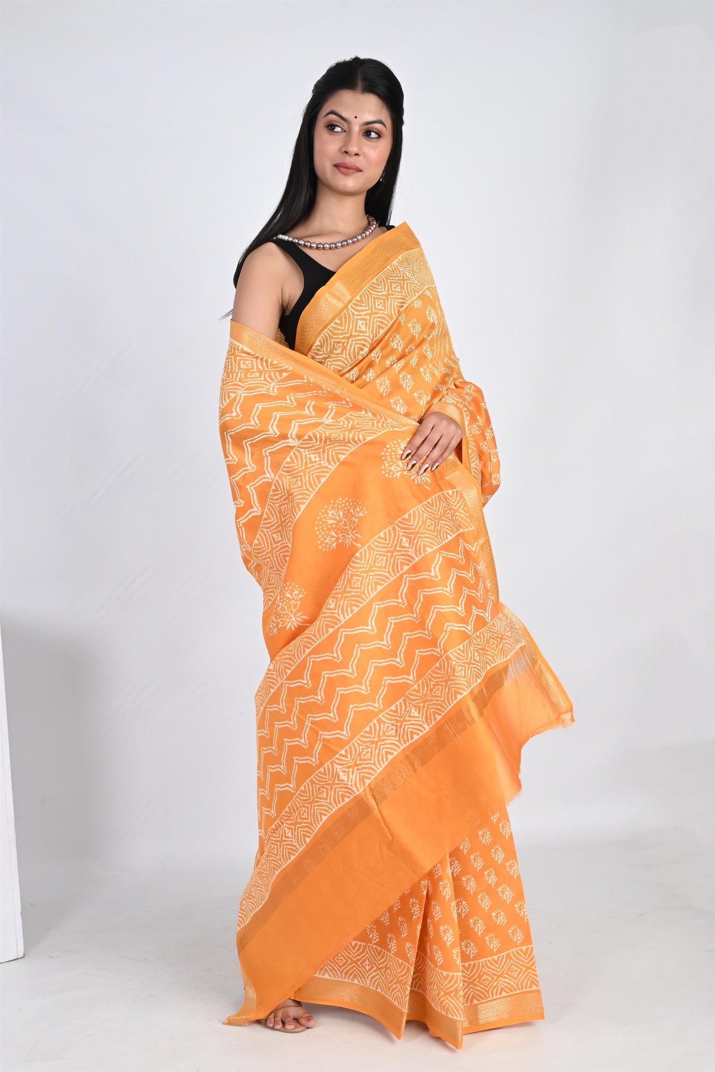 The Haldi Harmony - Hand Block Printed Golden Yellow Maheshwari Silk Saree