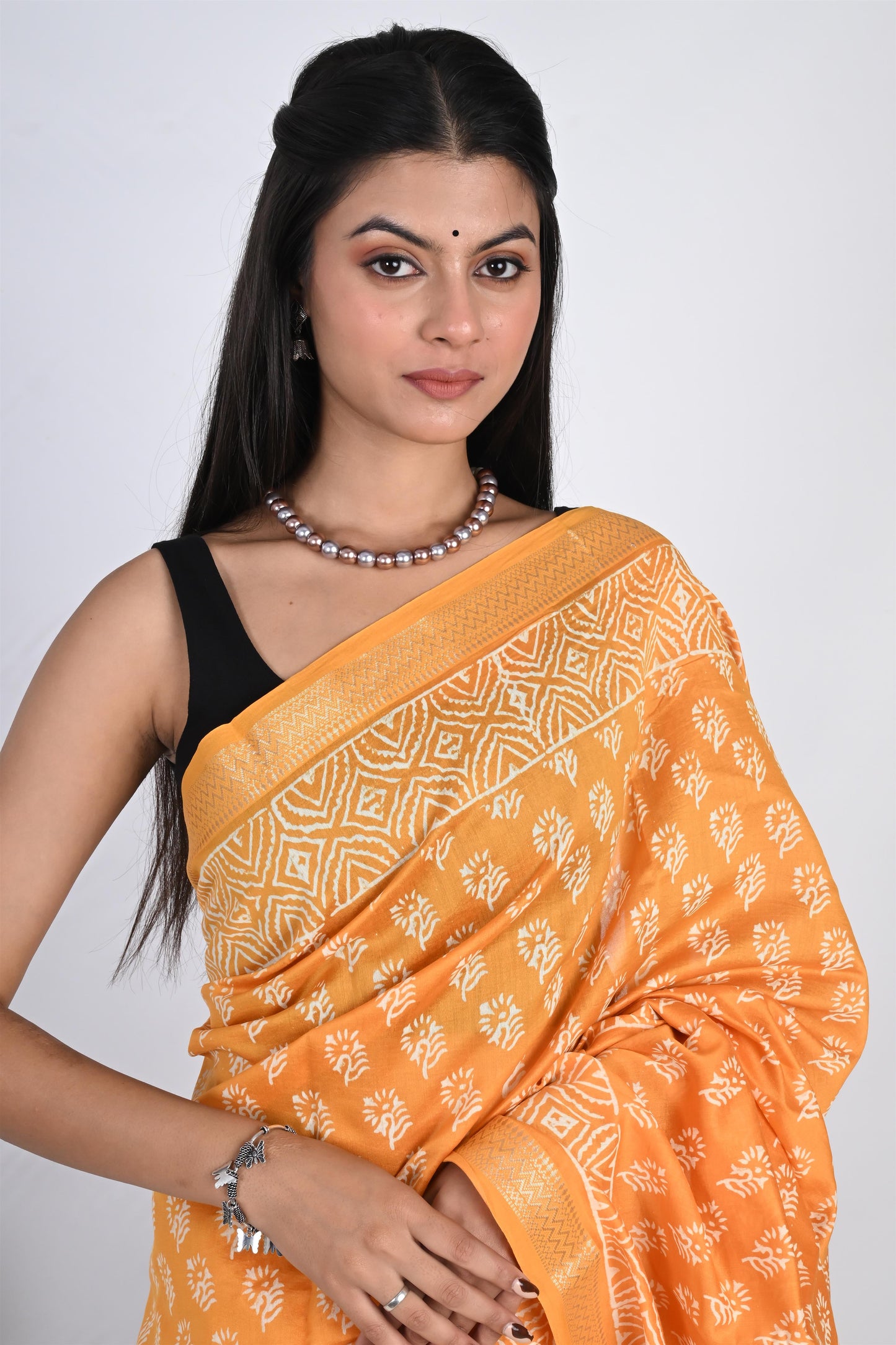 The Haldi Harmony - Hand Block Printed Golden Yellow Maheshwari Silk Saree