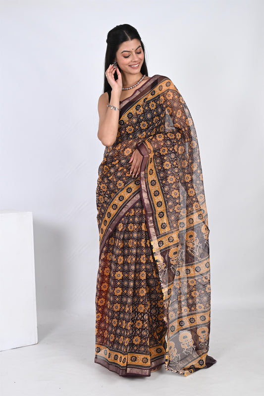 Coffee Brown Hand Block Printed Kota Doria Saree