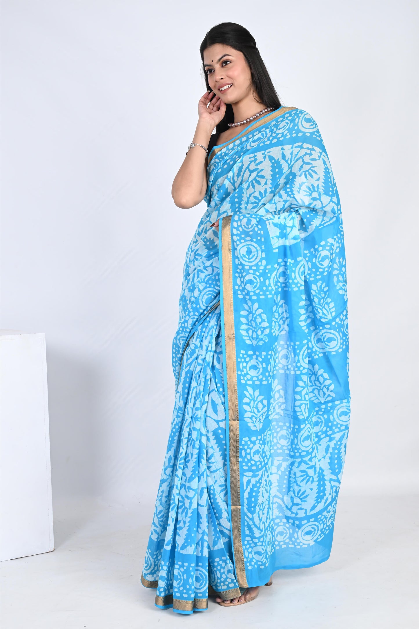 Batik Print Azure Blue Pure Cotton Saree