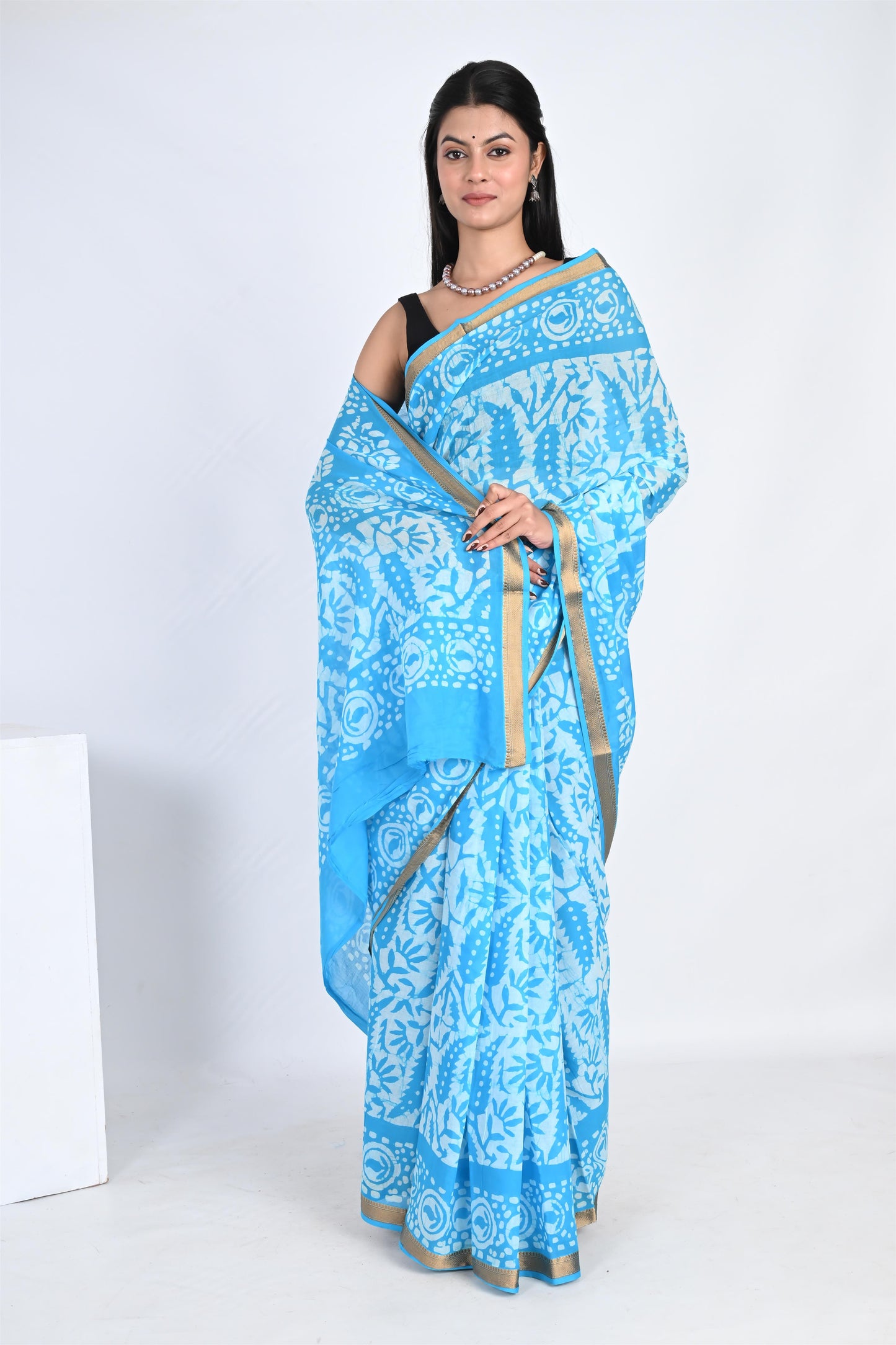 Batik Print Azure Blue Pure Cotton Saree