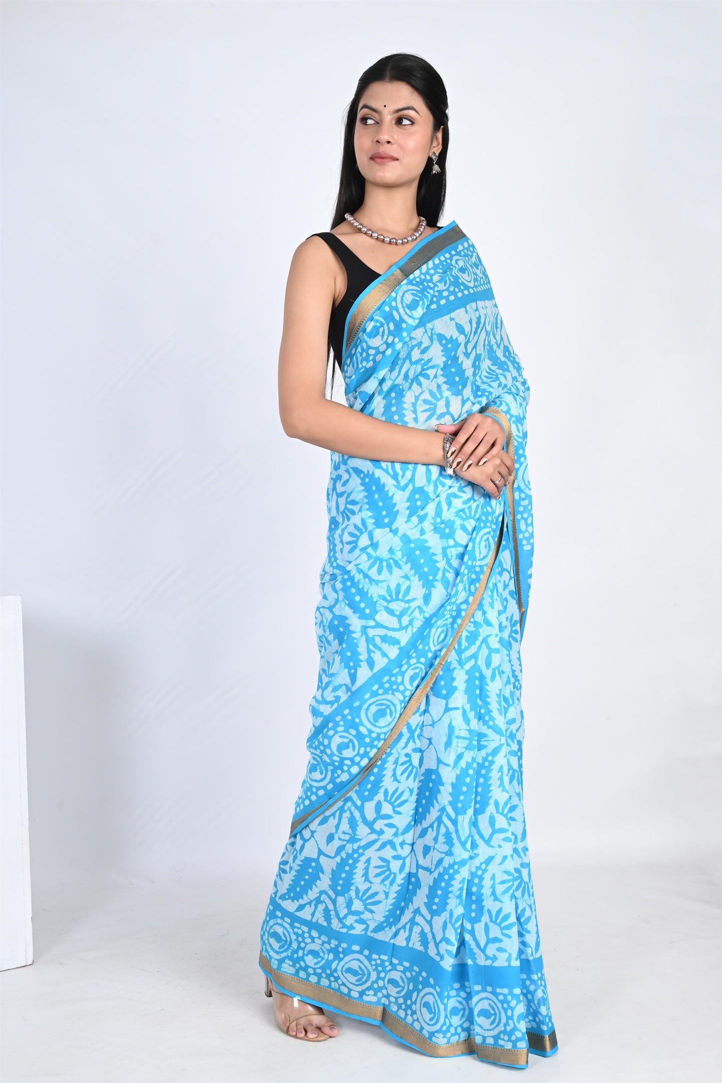 Batik Print Azure Blue Pure Cotton Saree