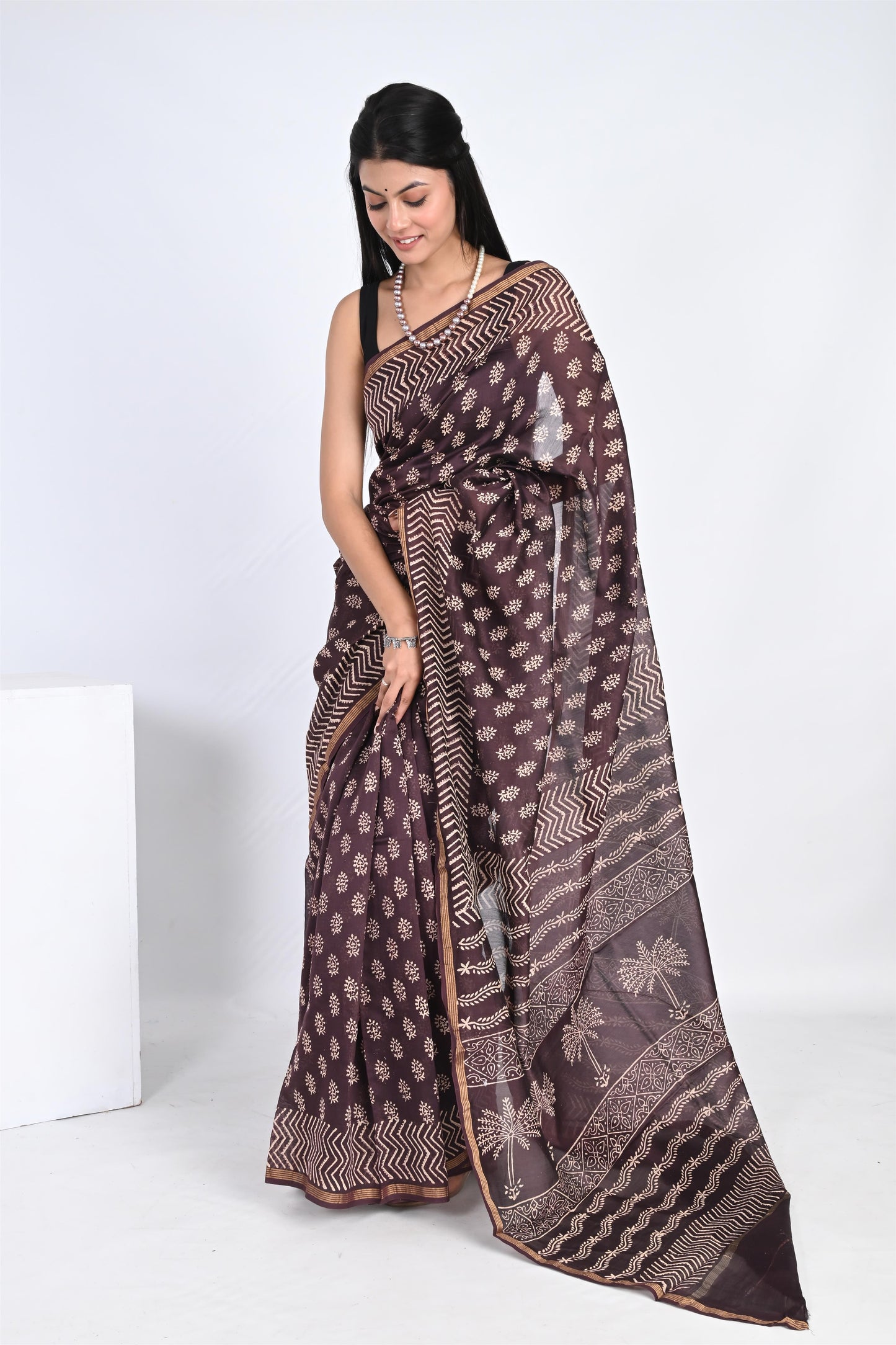 Hand Block Printed Coffee Brown Chanderi Silk Saree