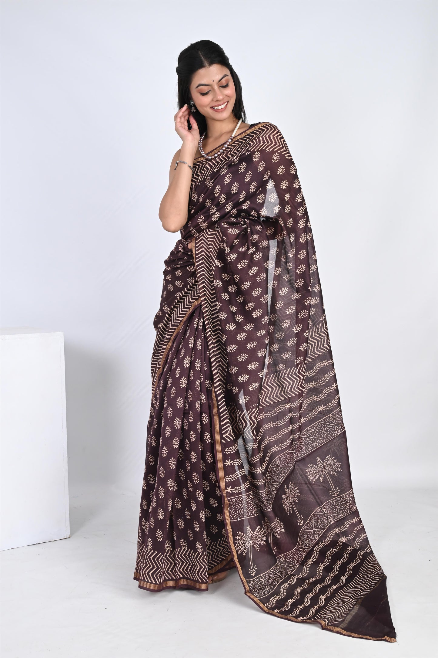 Hand Block Printed Coffee Brown Chanderi Silk Saree