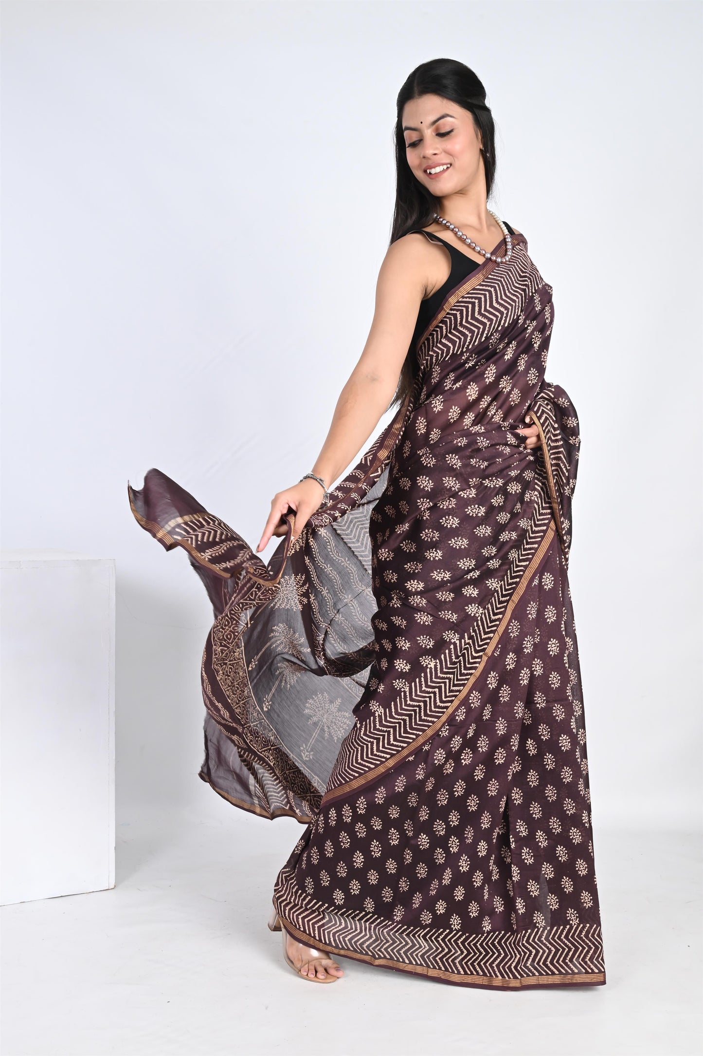 Hand Block Printed Coffee Brown Chanderi Silk Saree