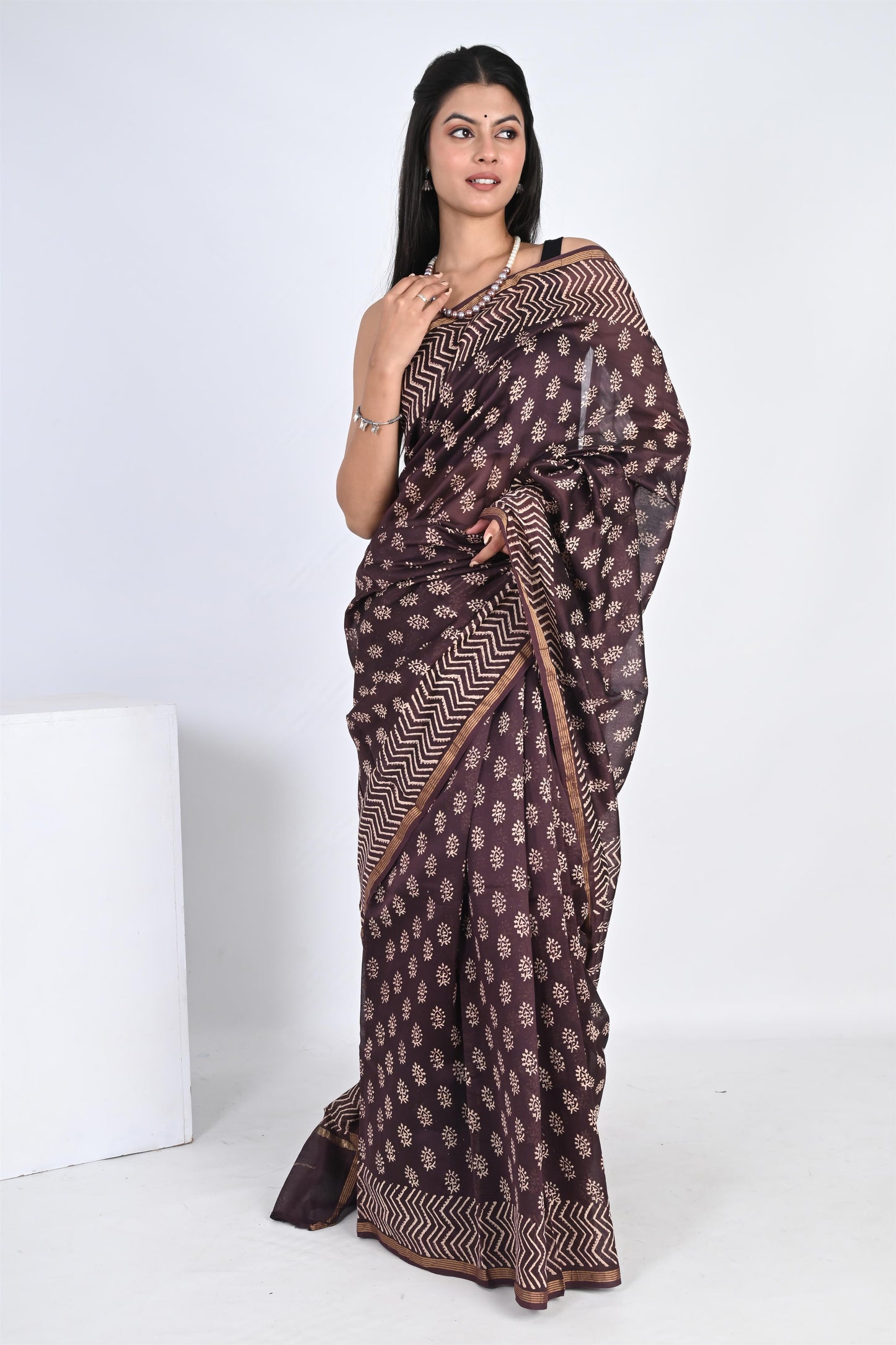 Hand Block Printed Coffee Brown Chanderi Silk Saree