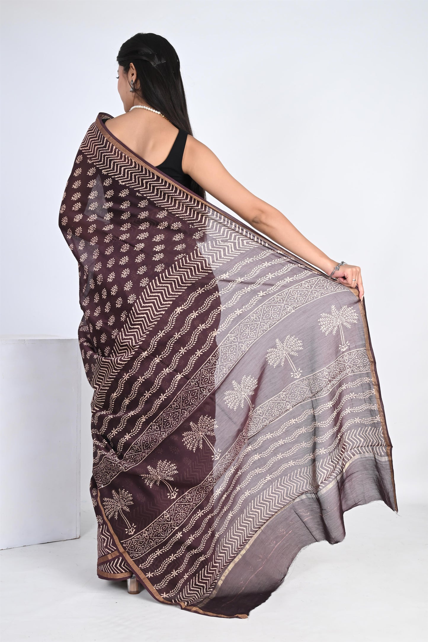 Hand Block Printed Coffee Brown Chanderi Silk Saree