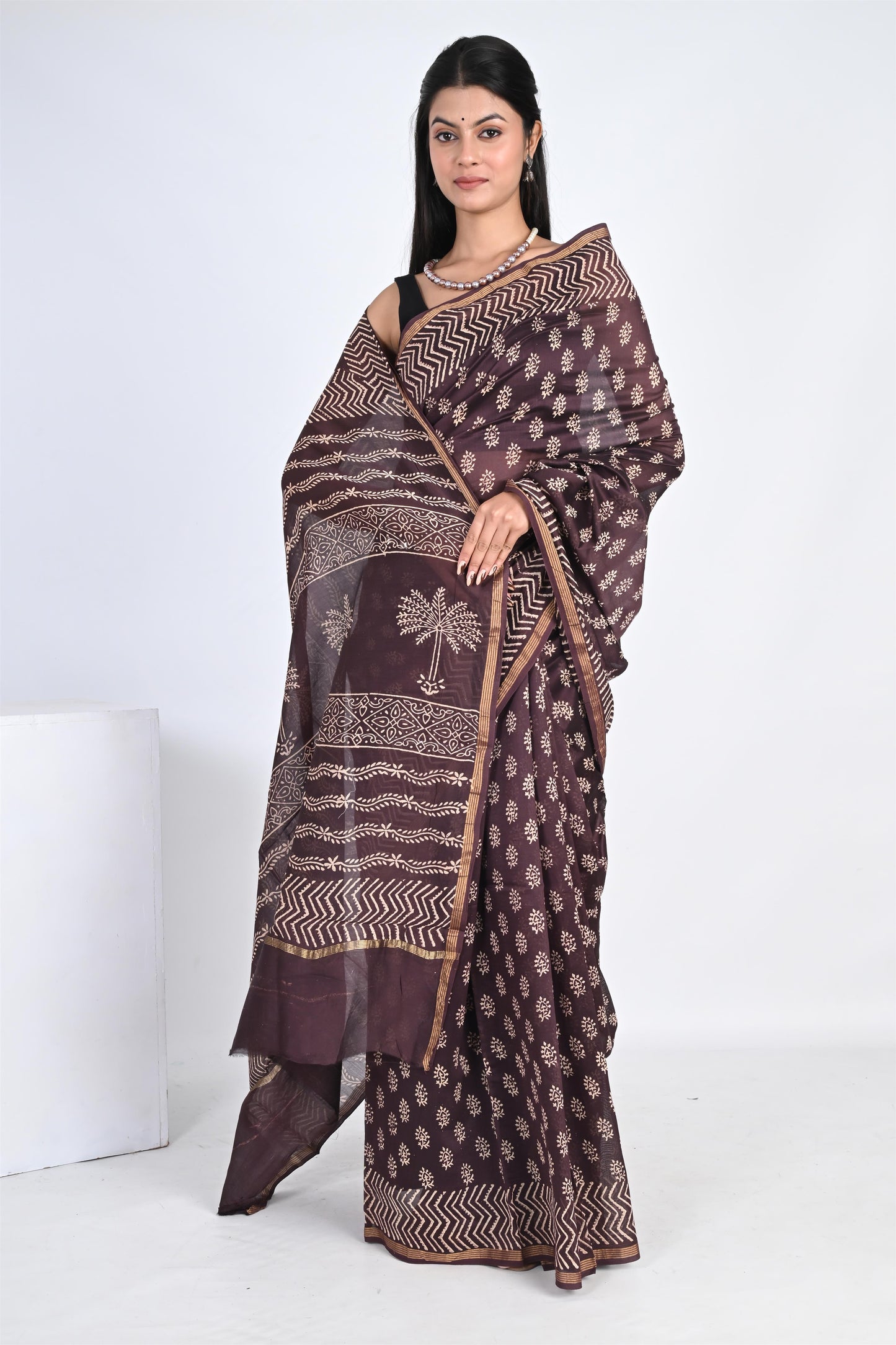 Hand Block Printed Coffee Brown Chanderi Silk Saree