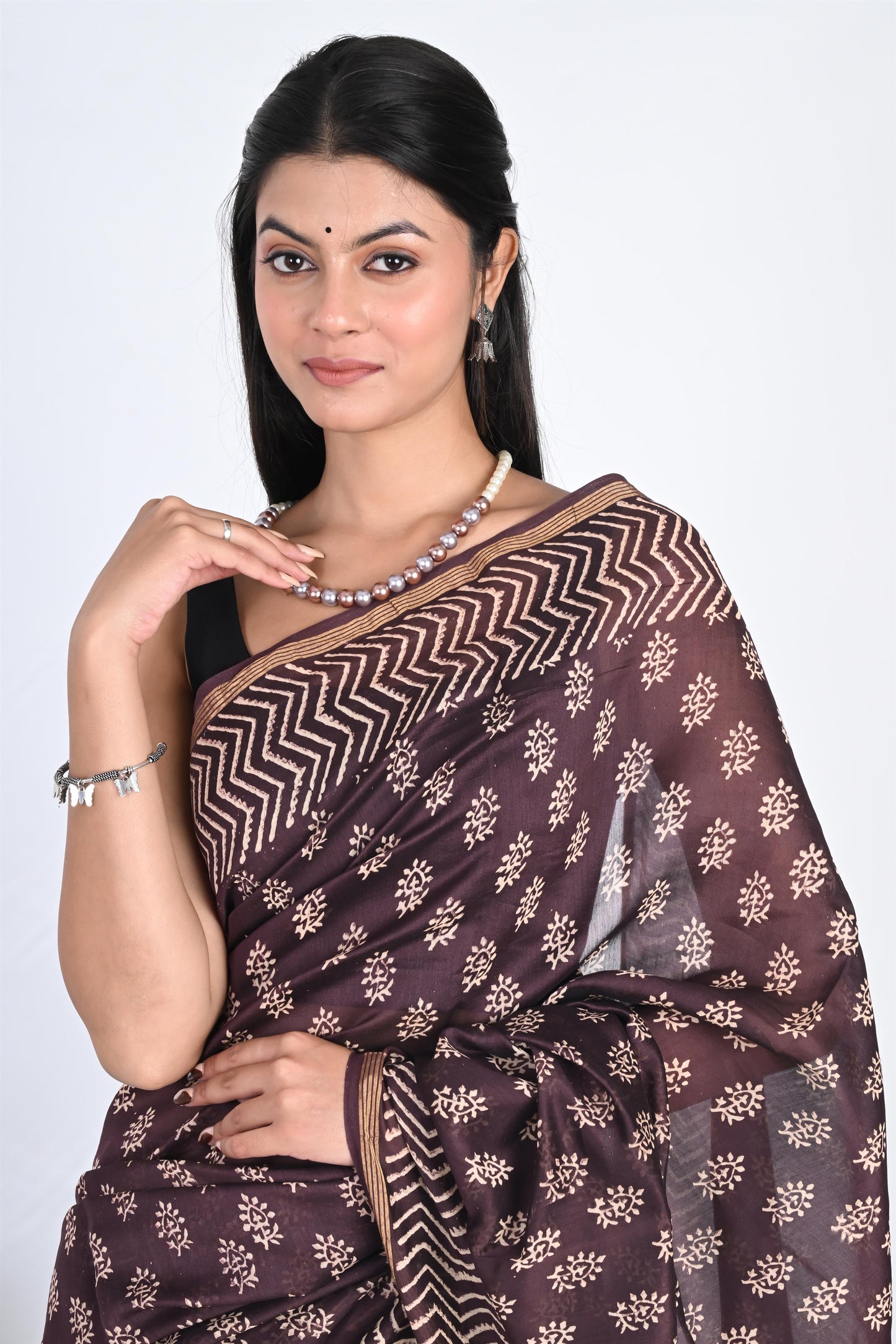 Hand Block Printed Coffee Brown Chanderi Silk Saree