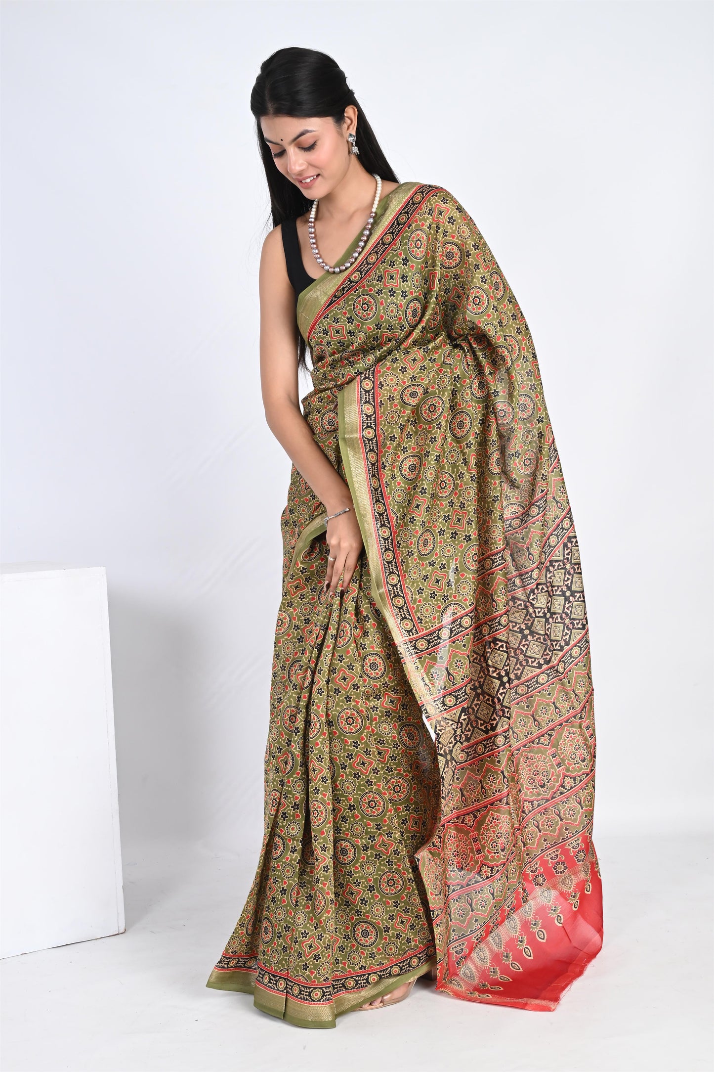 The Mehendi Magic - Hand Block Printed Lush Green Maheshwari Silk Saree