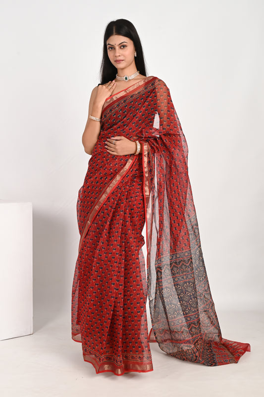 Floral Red Kota Doria Saree